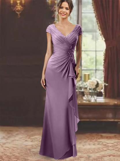 V-Neck Short-Sleeve Floor-Length Sheath Dress for the Mother of the Bride with Ruffles and Appliques-BMbridal