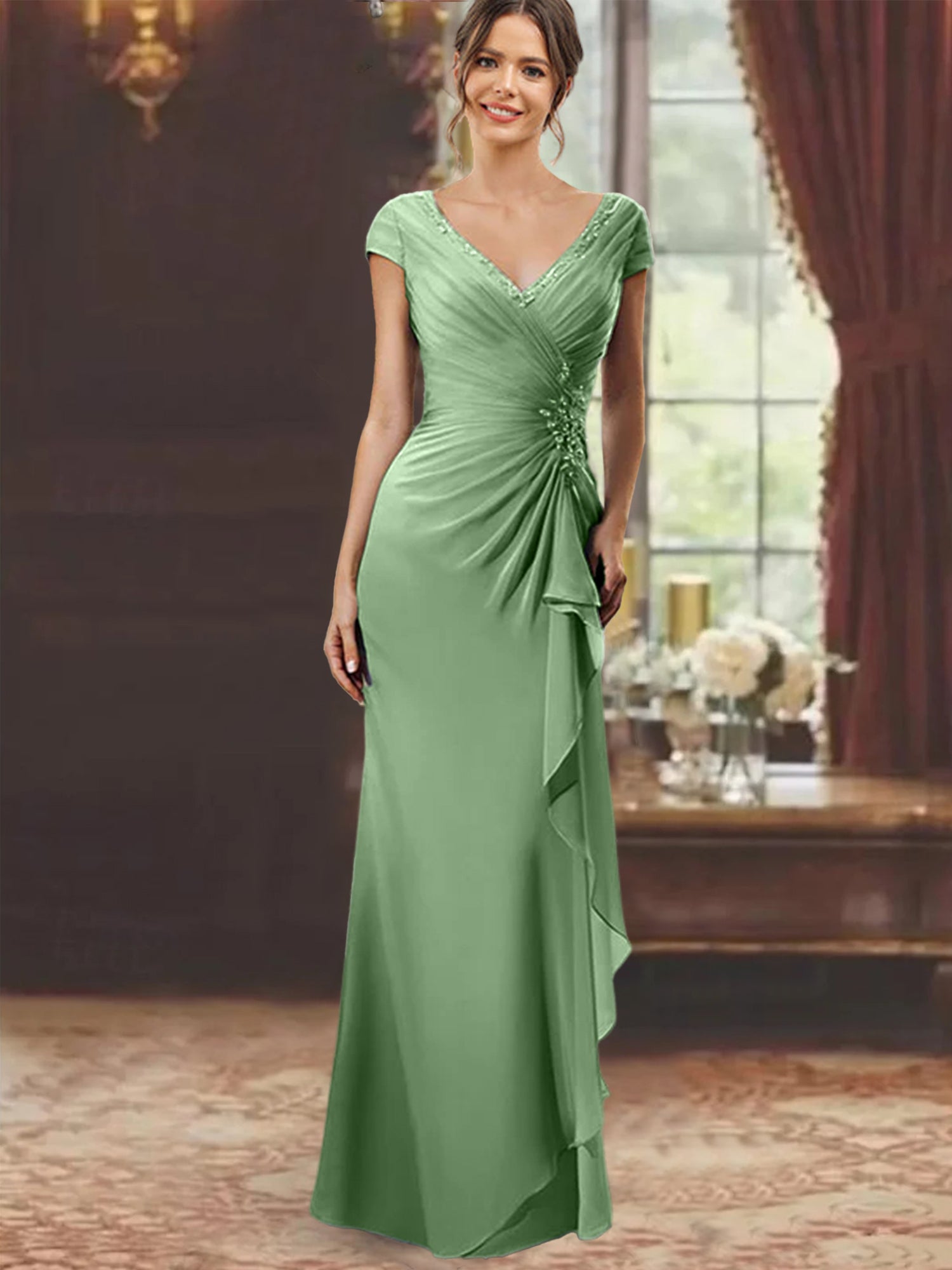 V-Neck Short-Sleeve Floor-Length Sheath Dress for the Mother of the Bride with Ruffles and Appliques-BMbridal