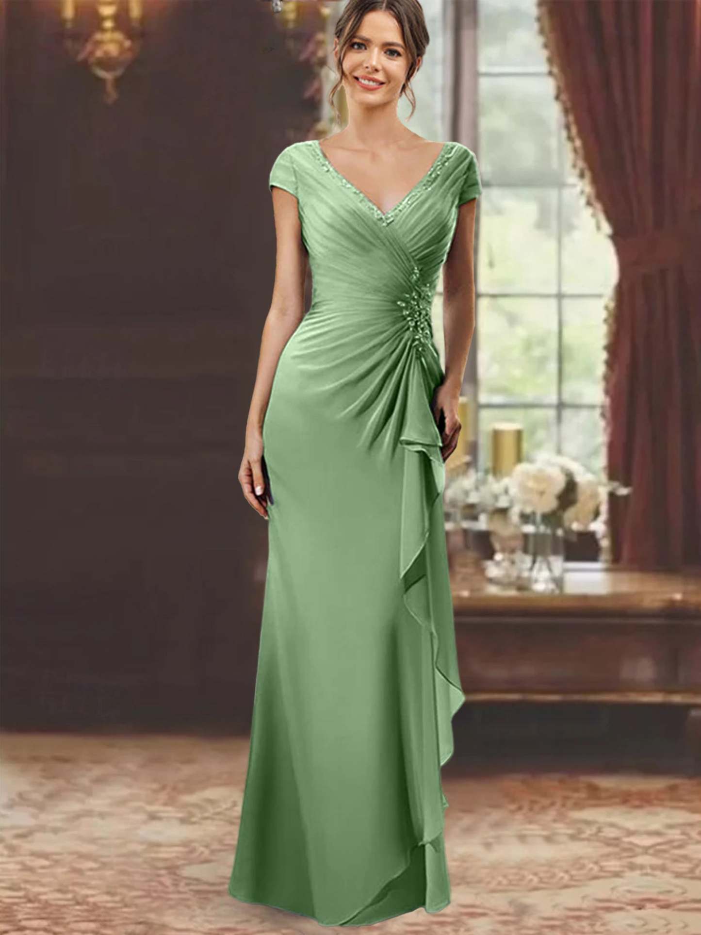 V-Neck Short-Sleeve Floor-Length Sheath Dress for the Mother of the Bride with Ruffles and Appliques-BMbridal