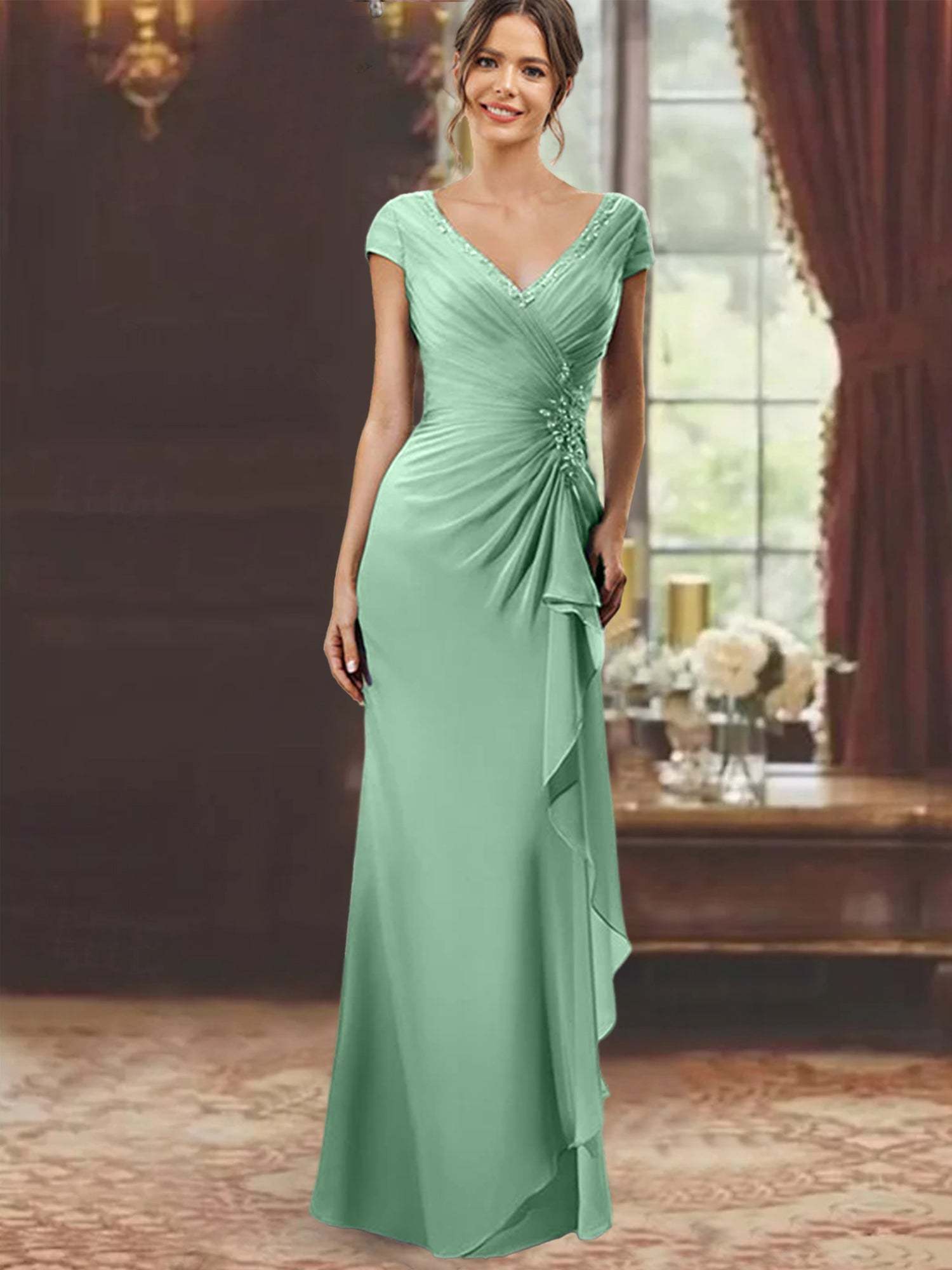 V-Neck Short-Sleeve Floor-Length Sheath Dress for the Mother of the Bride with Ruffles and Appliques-BMbridal
