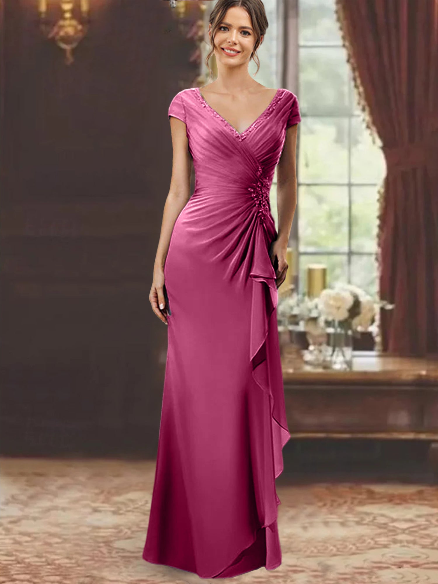 V-Neck Short-Sleeve Floor-Length Sheath Dress for the Mother of the Bride with Ruffles and Appliques-BMbridal