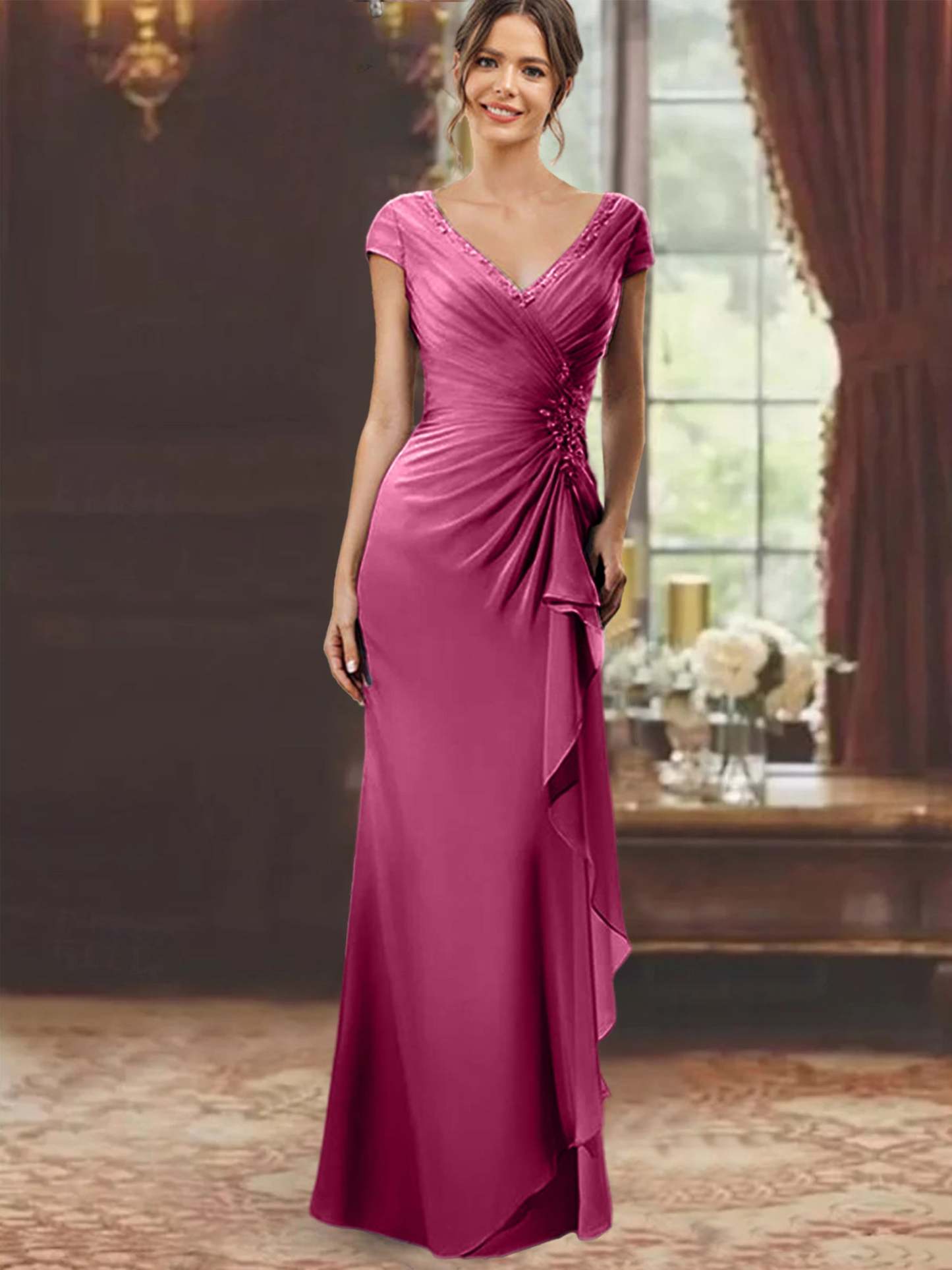 V-Neck Short-Sleeve Floor-Length Sheath Dress for the Mother of the Bride with Ruffles and Appliques-BMbridal