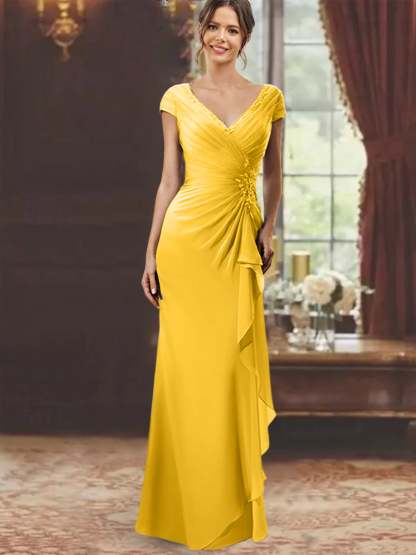 V-Neck Short-Sleeve Floor-Length Sheath Dress for the Mother of the Bride with Ruffles and Appliques-BMbridal