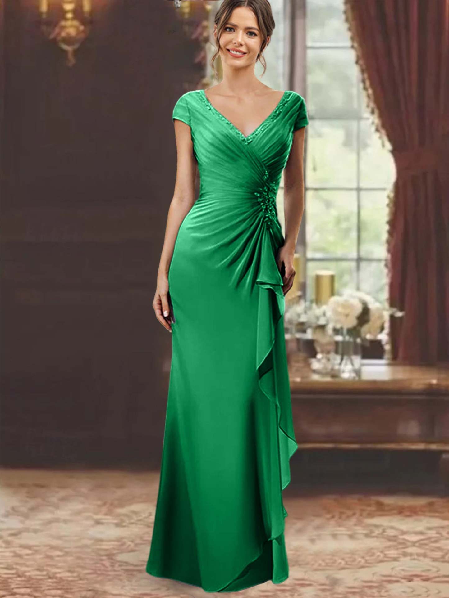 V-Neck Short-Sleeve Floor-Length Sheath Dress for the Mother of the Bride with Ruffles and Appliques-BMbridal