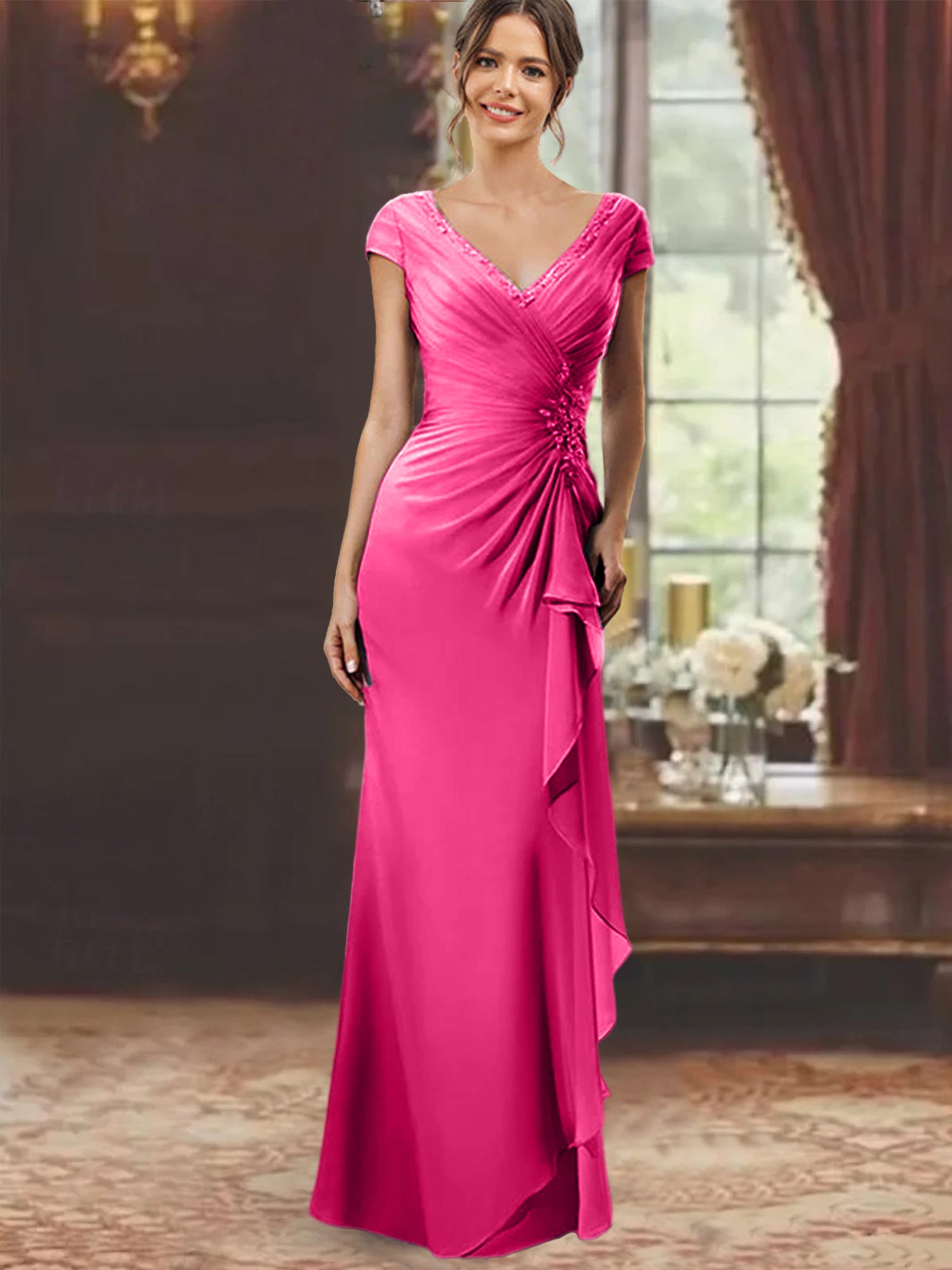 V-Neck Short-Sleeve Floor-Length Sheath Dress for the Mother of the Bride with Ruffles and Appliques-BMbridal
