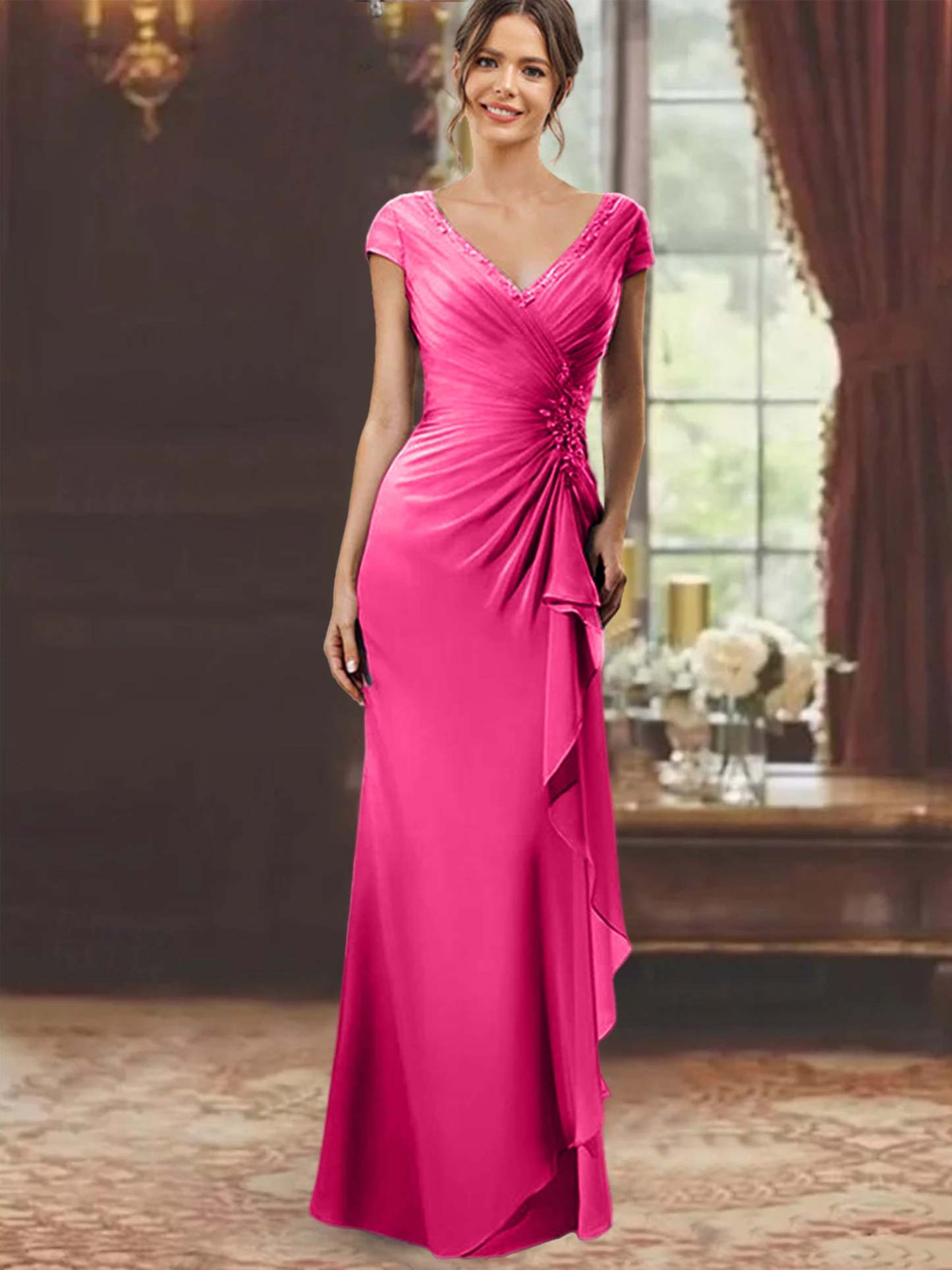 V-Neck Short-Sleeve Floor-Length Sheath Dress for the Mother of the Bride with Ruffles and Appliques-BMbridal