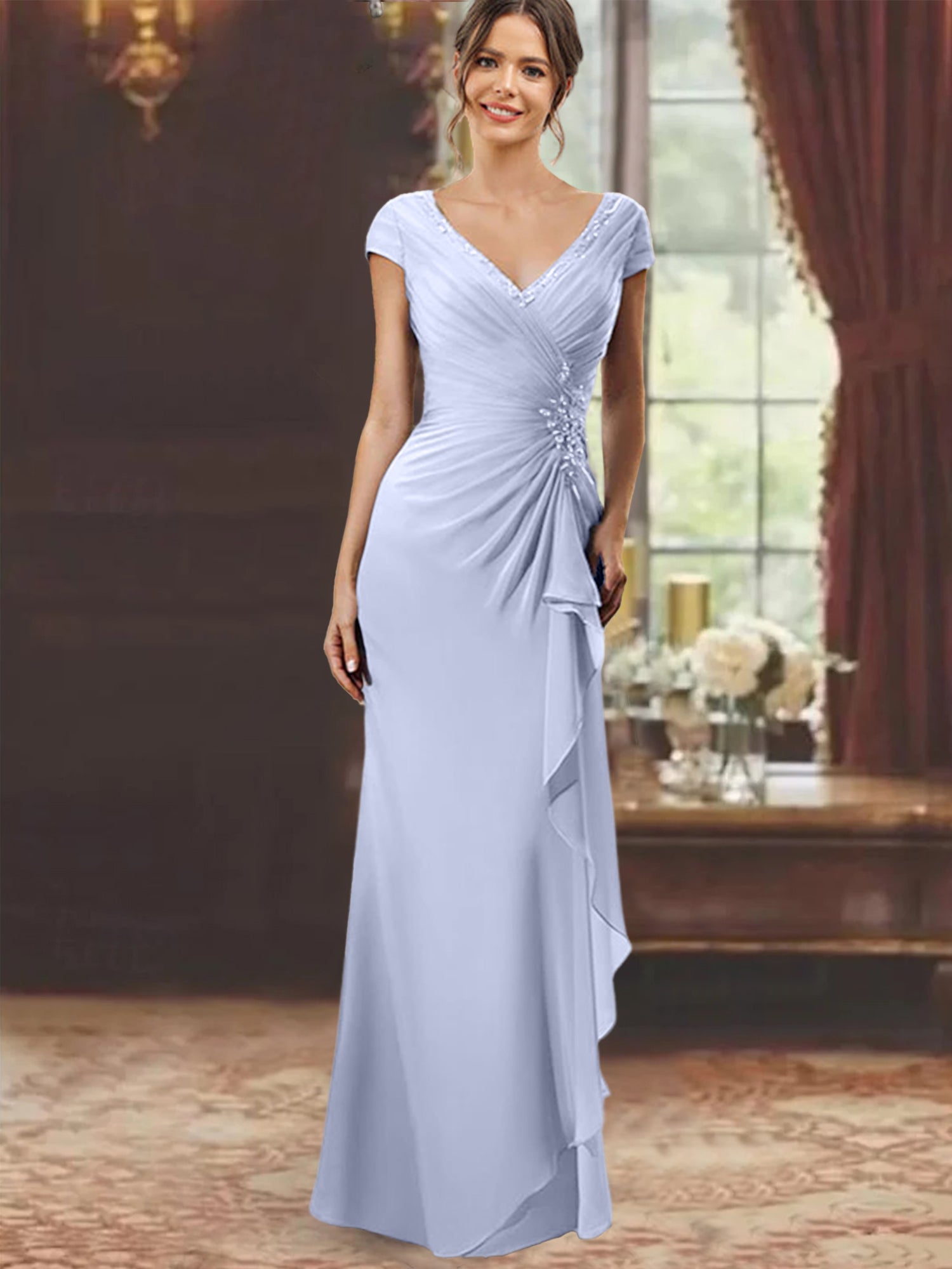 V-Neck Short-Sleeve Floor-Length Sheath Dress for the Mother of the Bride with Ruffles and Appliques-BMbridal