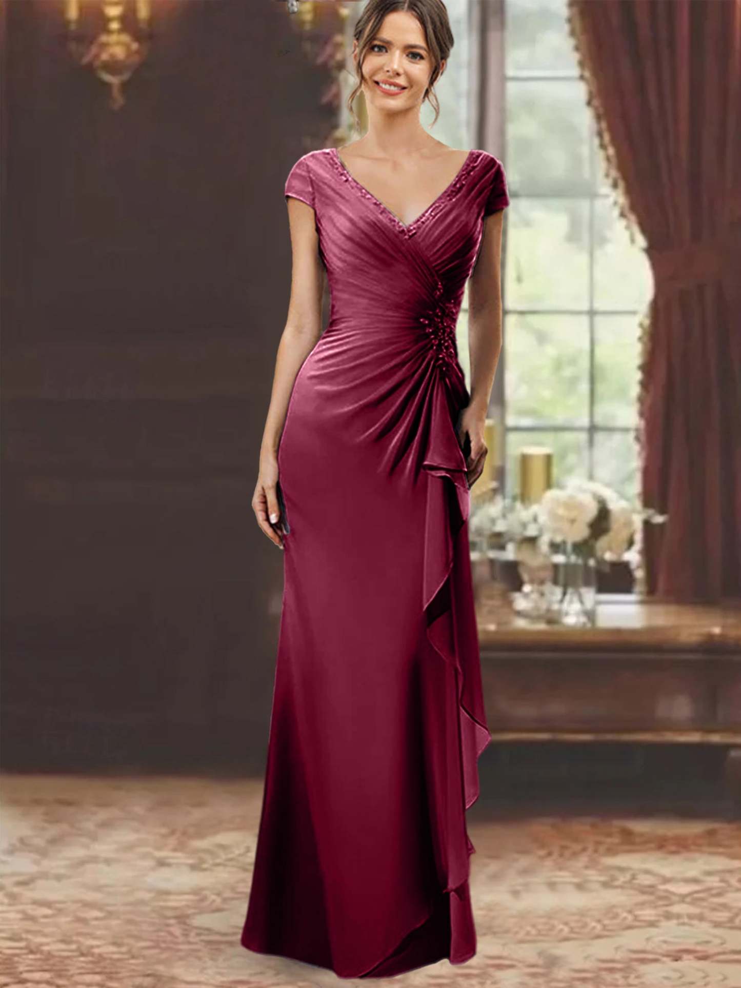 V-Neck Short-Sleeve Floor-Length Sheath Dress for the Mother of the Bride with Ruffles and Appliques-BMbridal
