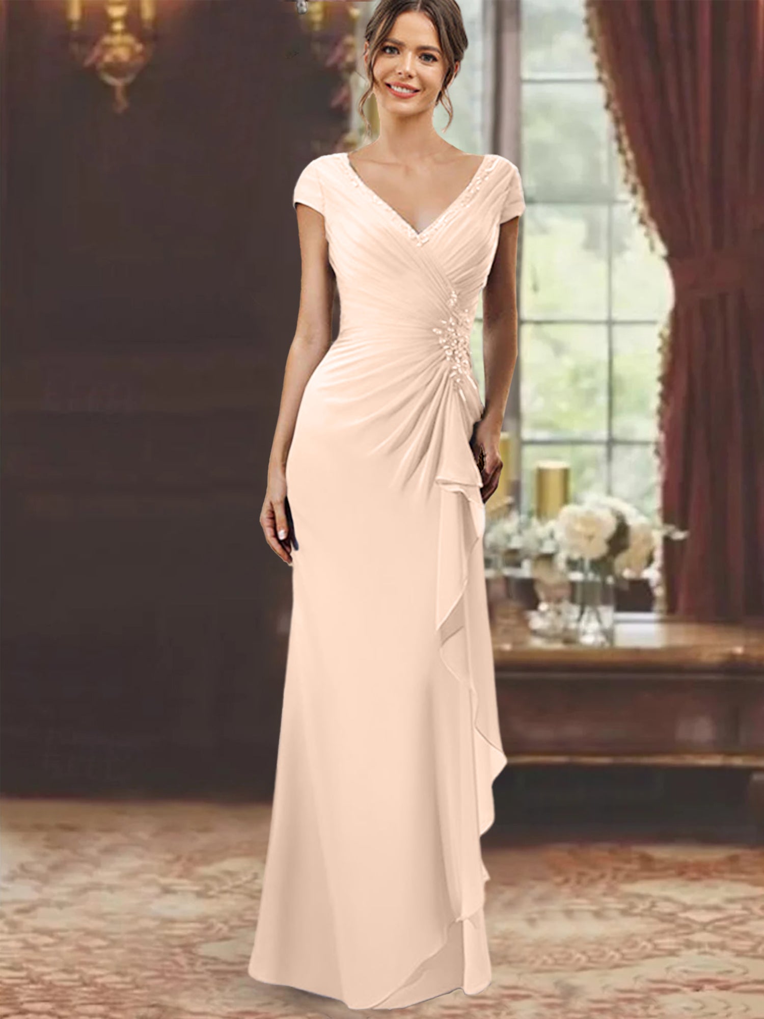 V-Neck Short-Sleeve Floor-Length Sheath Dress for the Mother of the Bride with Ruffles and Appliques-BMbridal