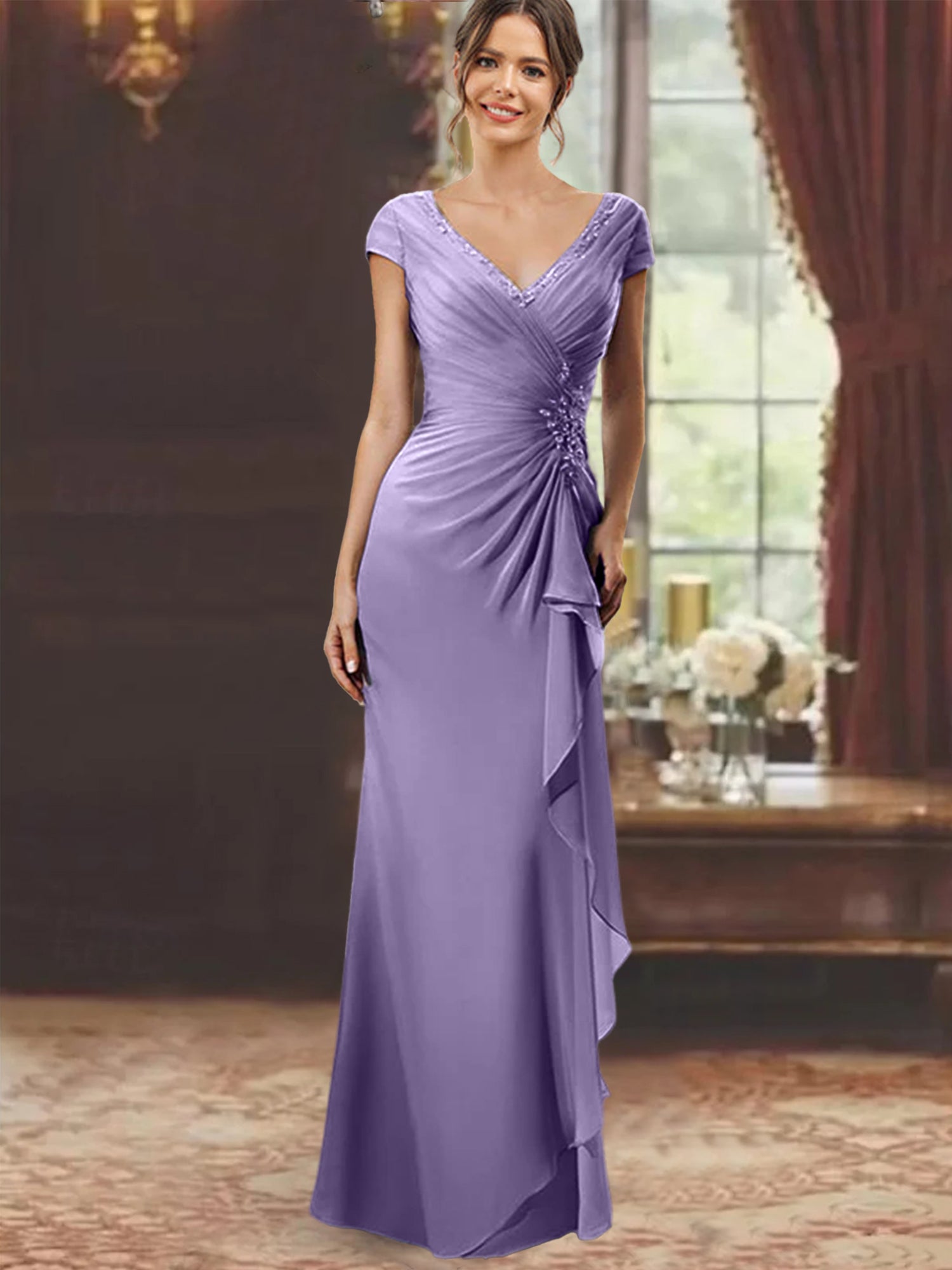 V-Neck Short-Sleeve Floor-Length Sheath Dress for the Mother of the Bride with Ruffles and Appliques-BMbridal