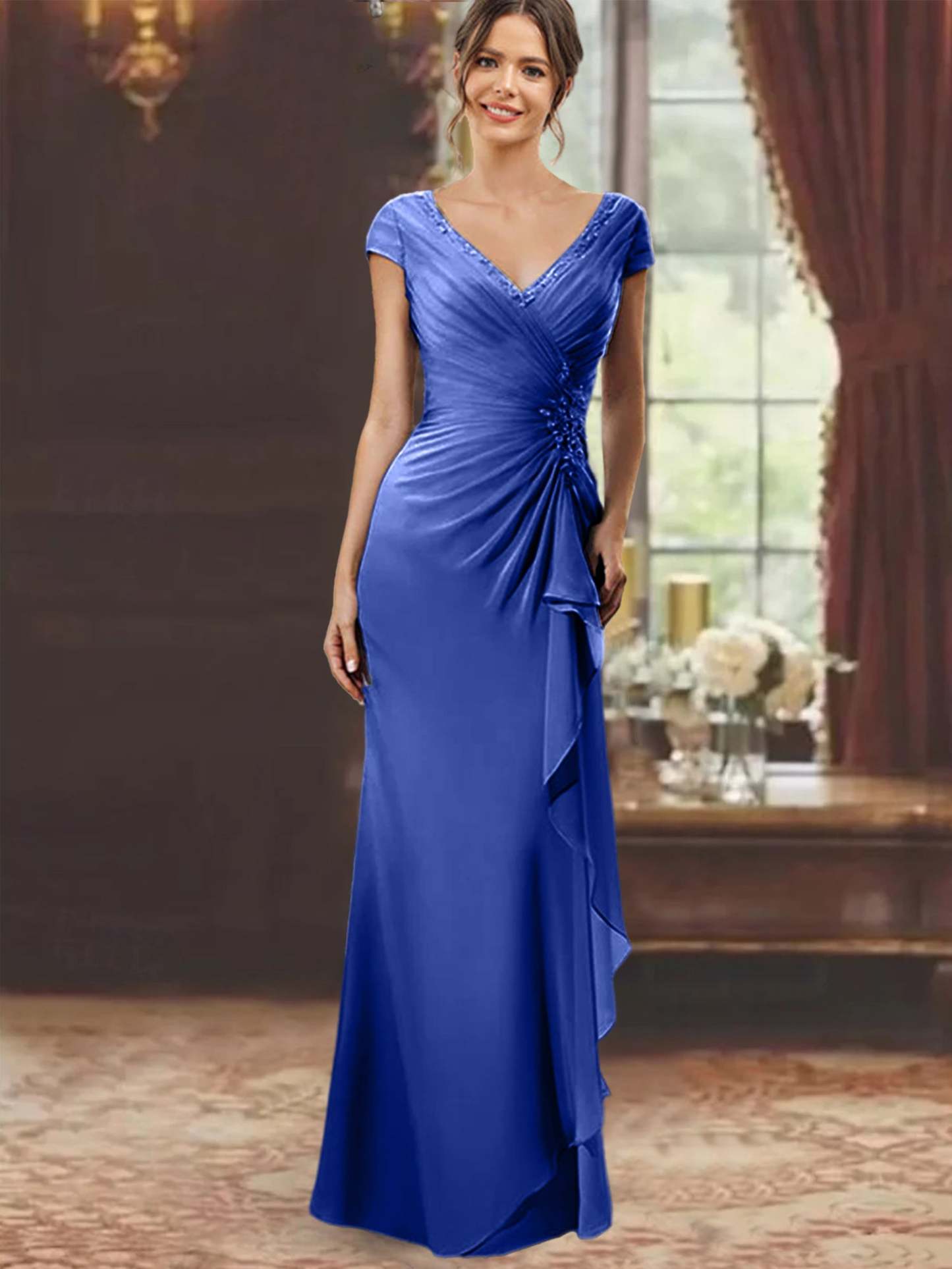 V-Neck Short-Sleeve Floor-Length Sheath Dress for the Mother of the Bride with Ruffles and Appliques-BMbridal