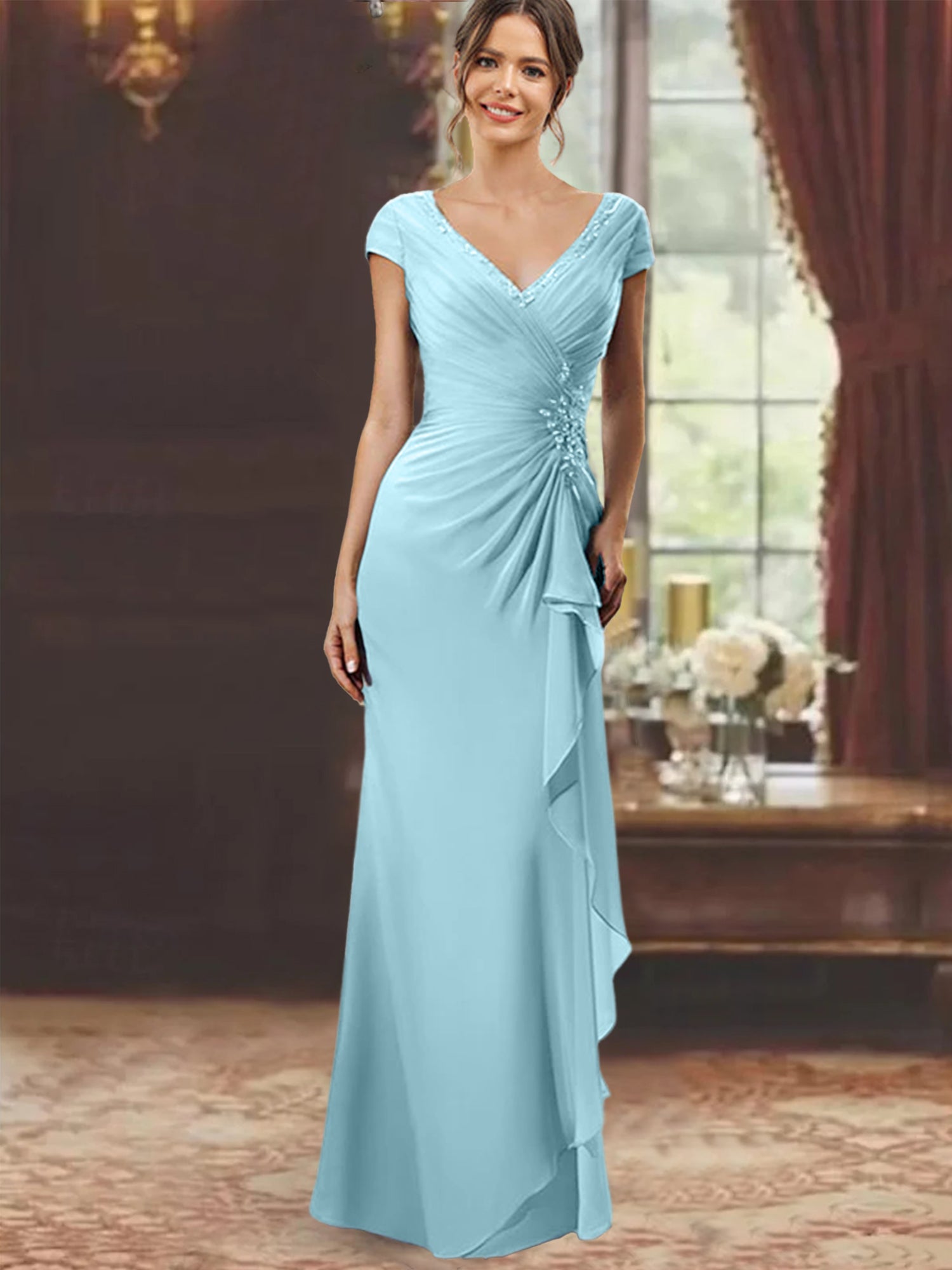 V-Neck Short-Sleeve Floor-Length Sheath Dress for the Mother of the Bride with Ruffles and Appliques-BMbridal