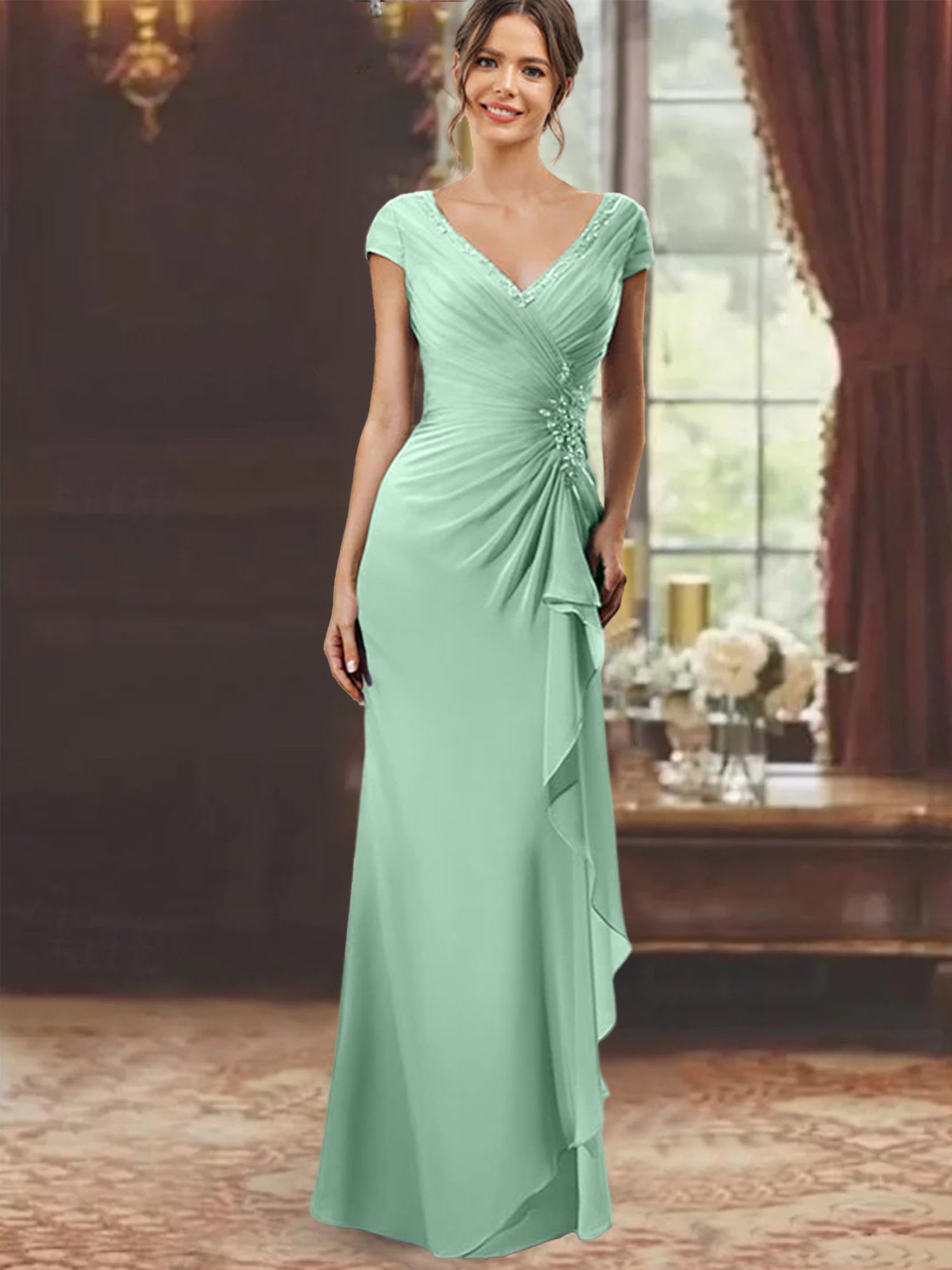V-Neck Short-Sleeve Floor-Length Sheath Dress for the Mother of the Bride with Ruffles and Appliques-BMbridal