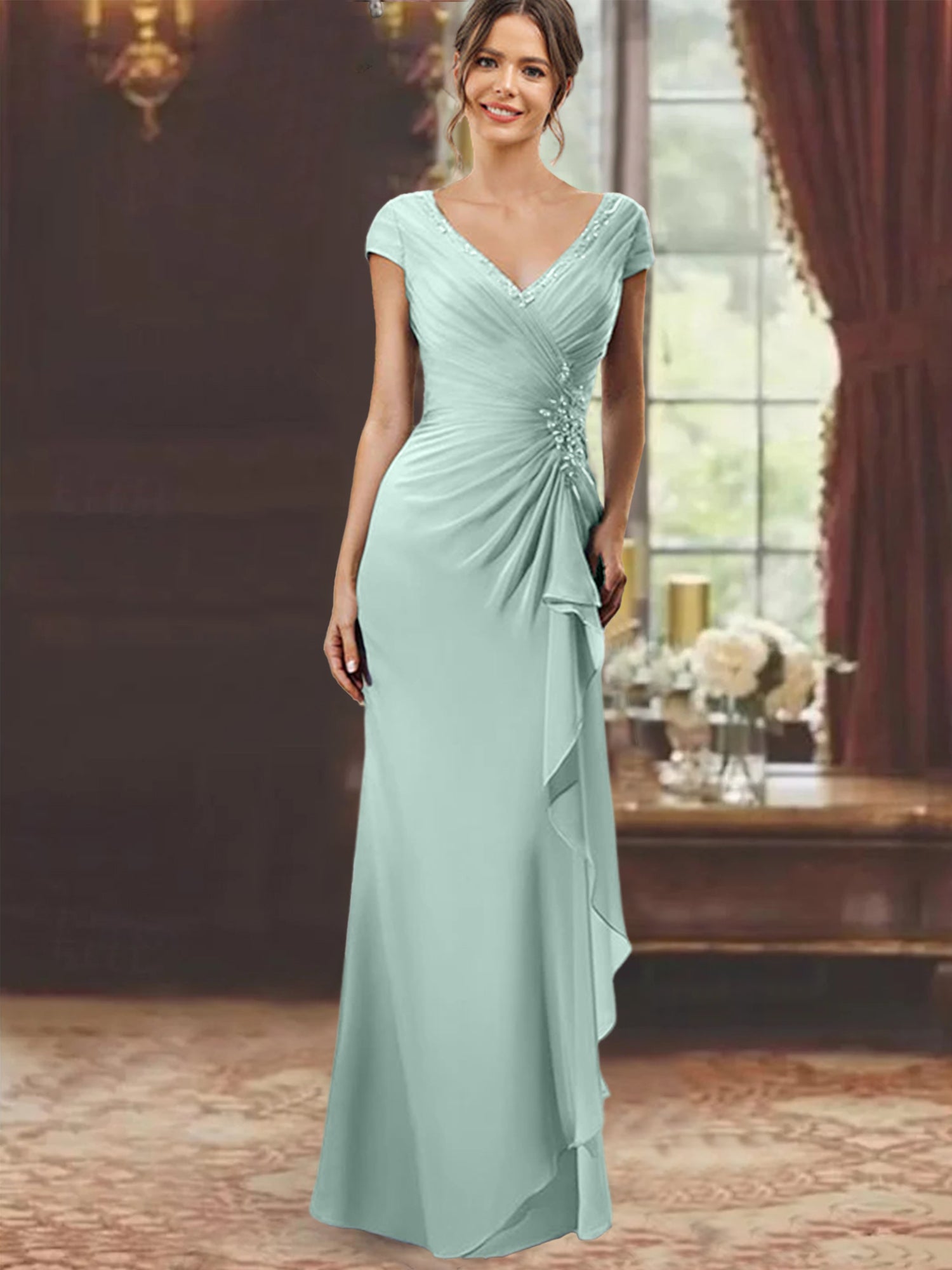 V-Neck Short-Sleeve Floor-Length Sheath Dress for the Mother of the Bride with Ruffles and Appliques-BMbridal