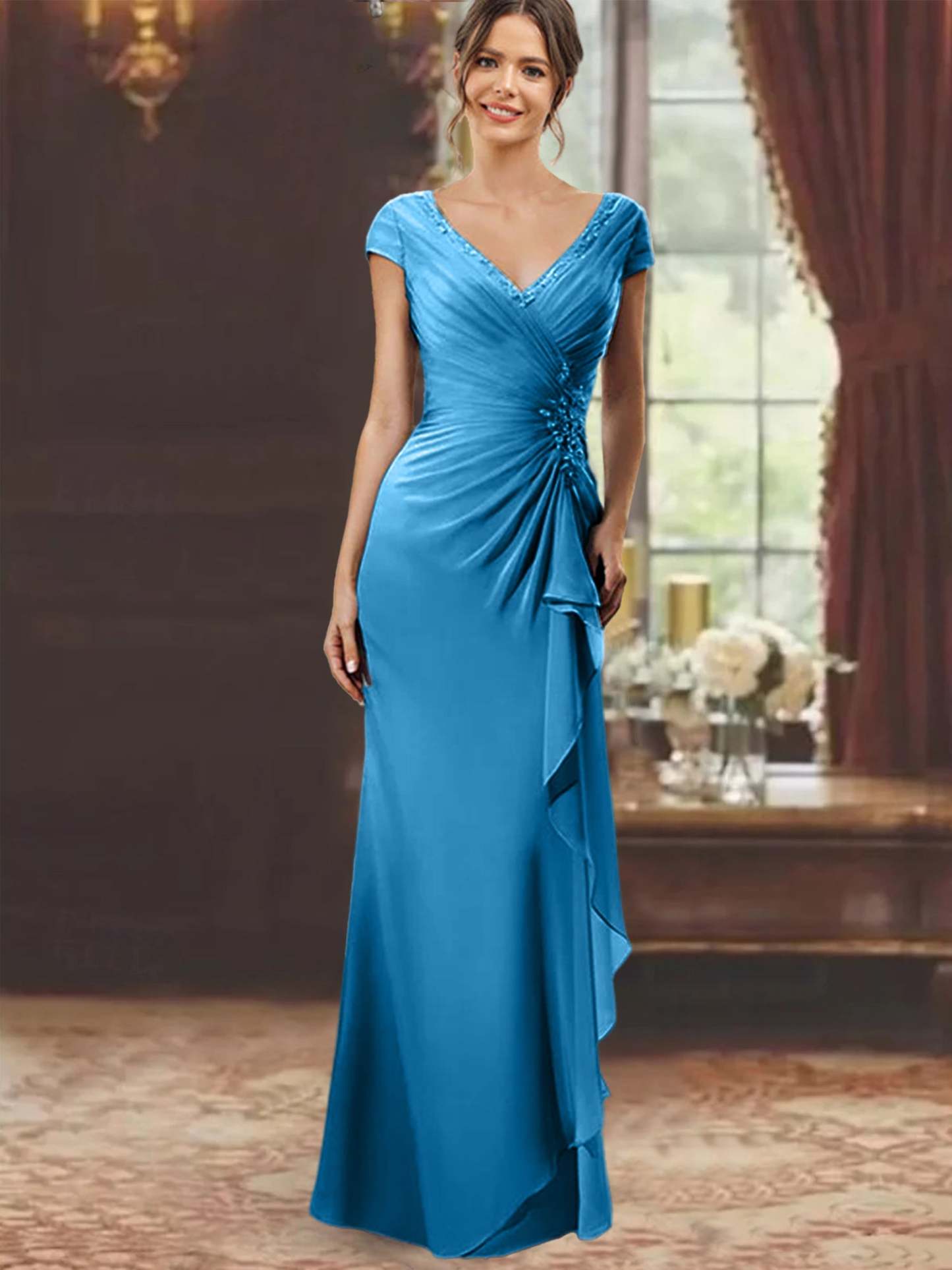 V-Neck Short-Sleeve Floor-Length Sheath Dress for the Mother of the Bride with Ruffles and Appliques-BMbridal