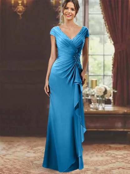 V-Neck Short-Sleeve Floor-Length Sheath Dress for the Mother of the Bride with Ruffles and Appliques-BMbridal