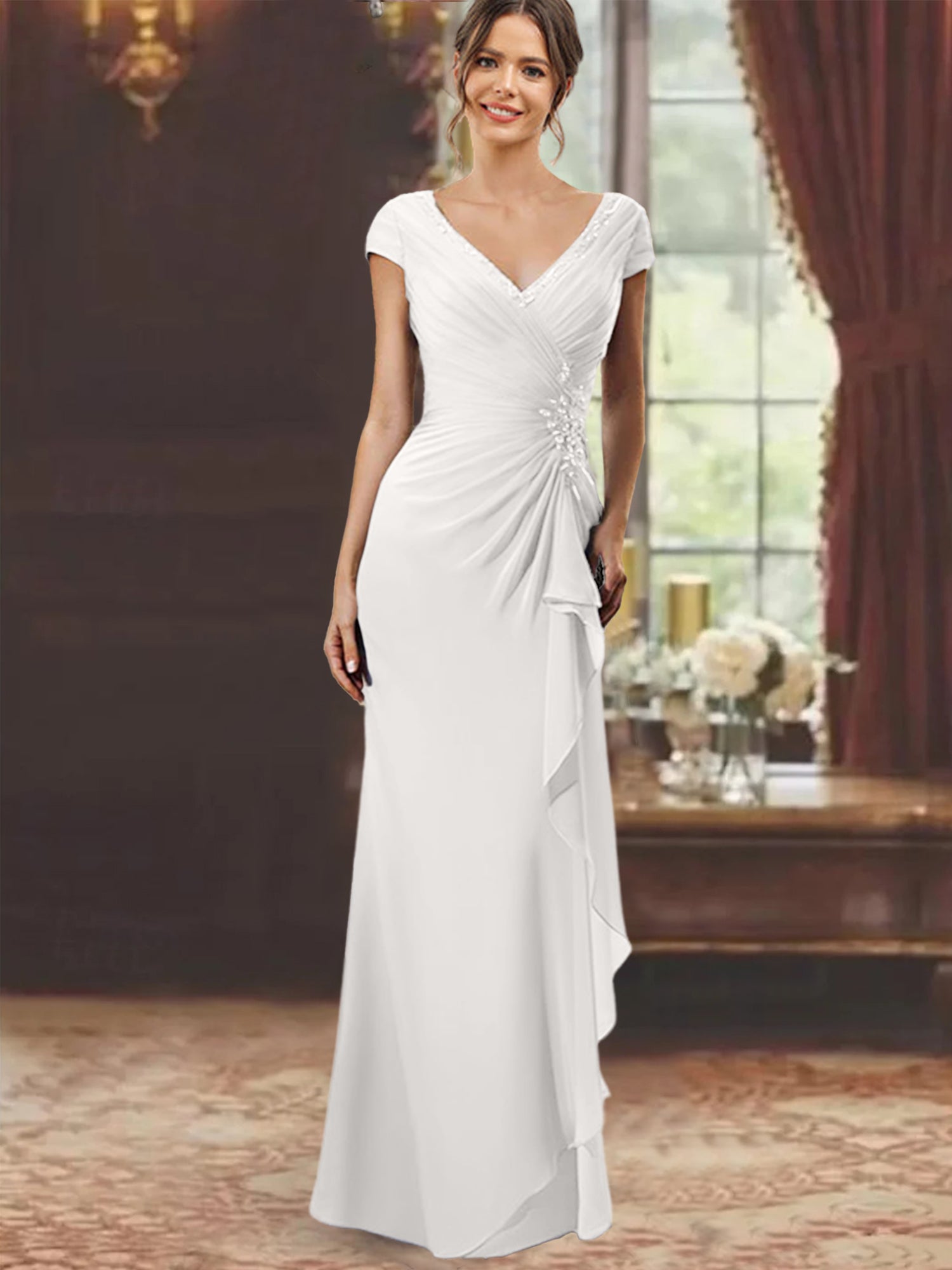V-Neck Short-Sleeve Floor-Length Sheath Dress for the Mother of the Bride with Ruffles and Appliques-BMbridal