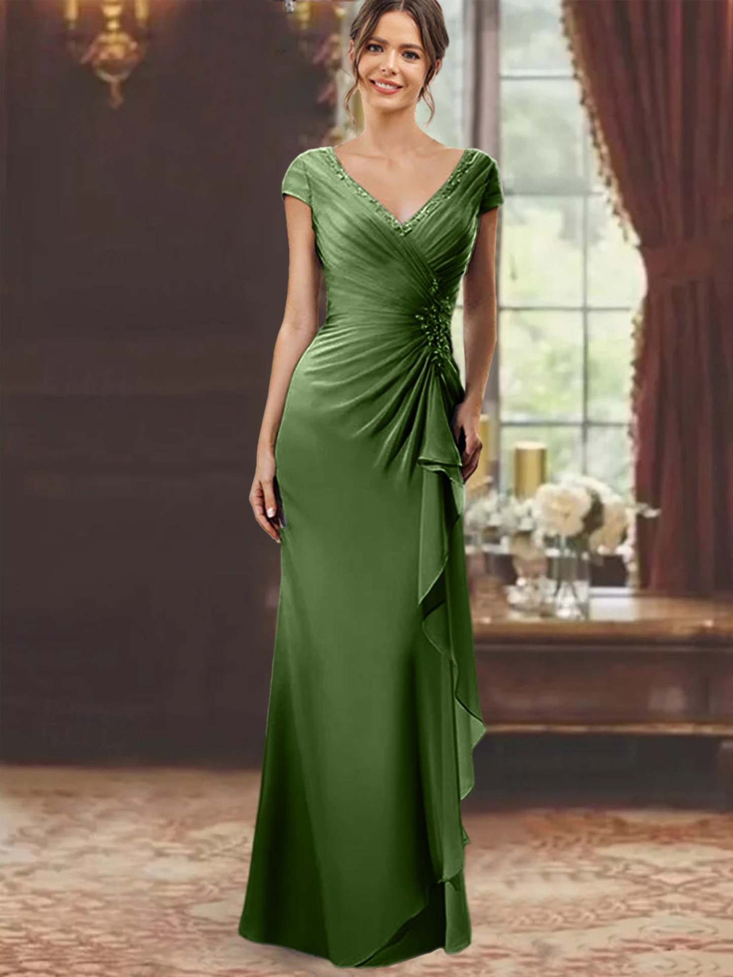 V-Neck Short-Sleeve Floor-Length Sheath Dress for the Mother of the Bride with Ruffles and Appliques-BMbridal