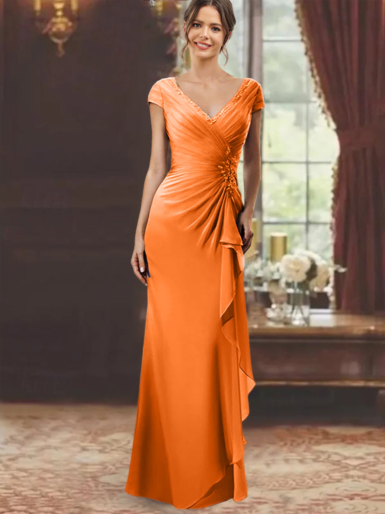 V-Neck Short-Sleeve Floor-Length Sheath Dress for the Mother of the Bride with Ruffles and Appliques-BMbridal