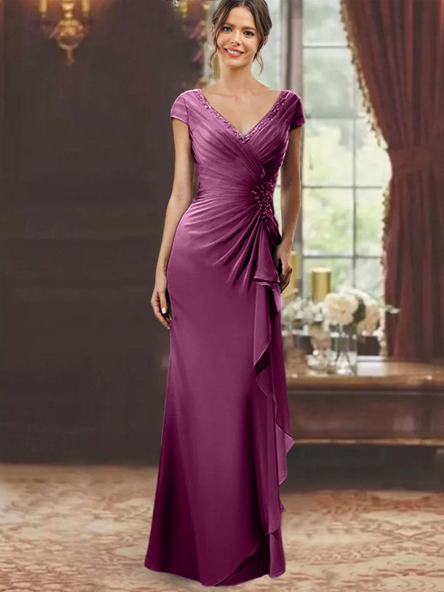 V-Neck Short-Sleeve Floor-Length Sheath Dress for the Mother of the Bride with Ruffles and Appliques-BMbridal
