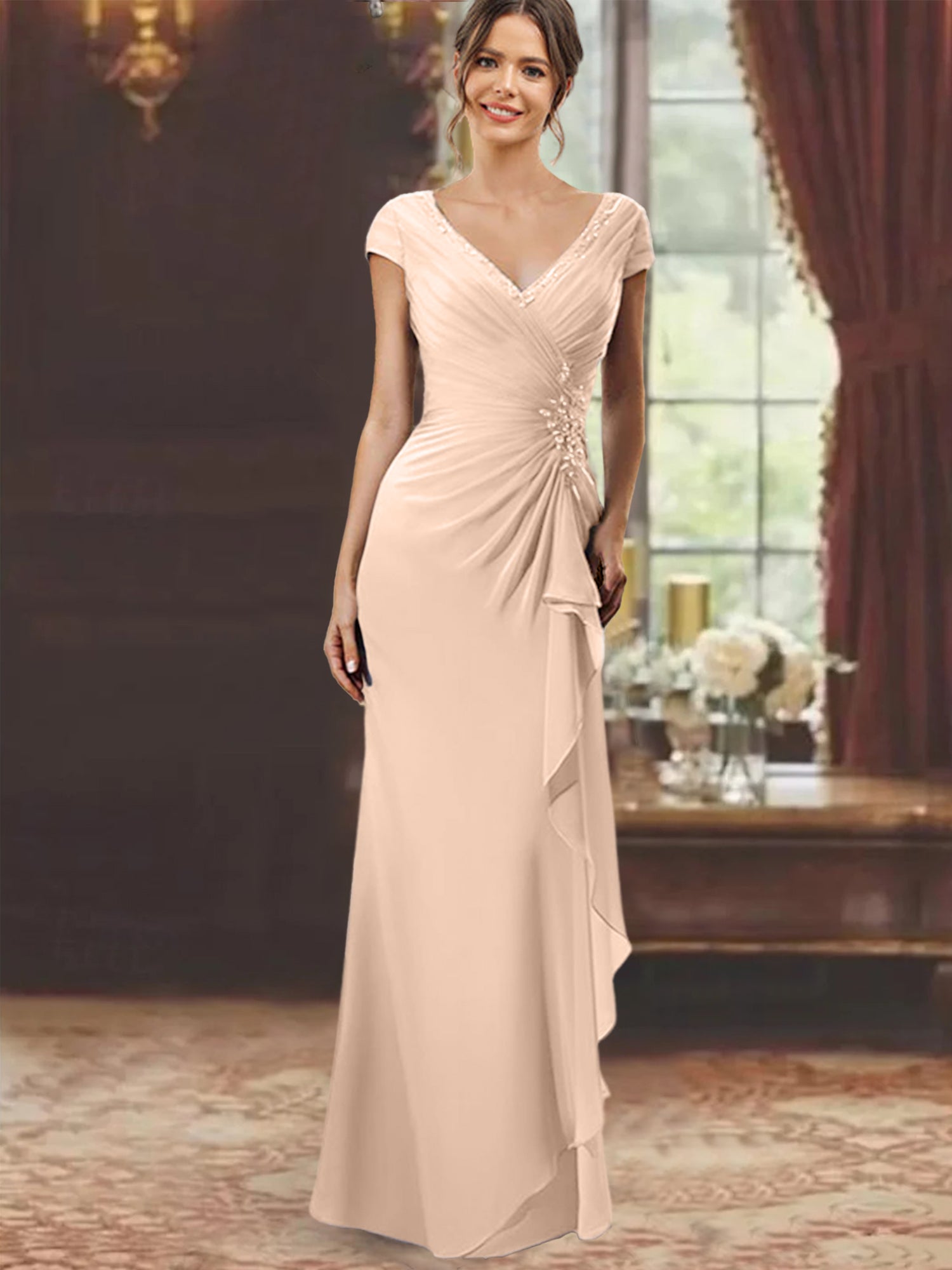 V-Neck Short-Sleeve Floor-Length Sheath Dress for the Mother of the Bride with Ruffles and Appliques-BMbridal