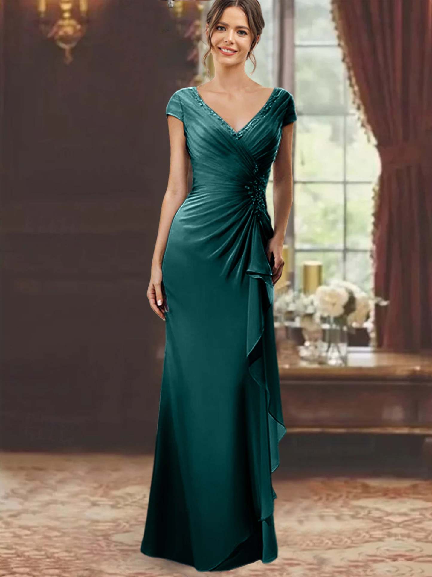 V-Neck Short-Sleeve Floor-Length Sheath Dress for the Mother of the Bride with Ruffles and Appliques-BMbridal