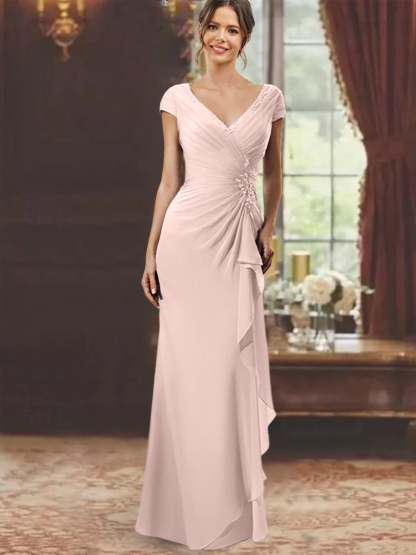 V-Neck Short-Sleeve Floor-Length Sheath Dress for the Mother of the Bride with Ruffles and Appliques-BMbridal