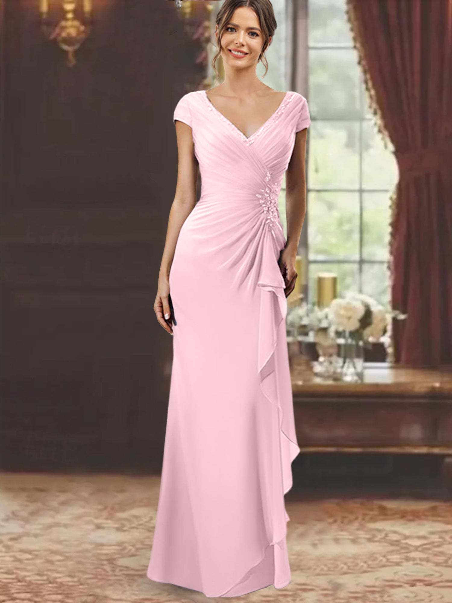 V-Neck Short-Sleeve Floor-Length Sheath Dress for the Mother of the Bride with Ruffles and Appliques-BMbridal
