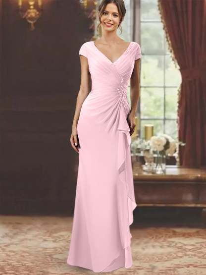 V-Neck Short-Sleeve Floor-Length Sheath Dress for the Mother of the Bride with Ruffles and Appliques-BMbridal