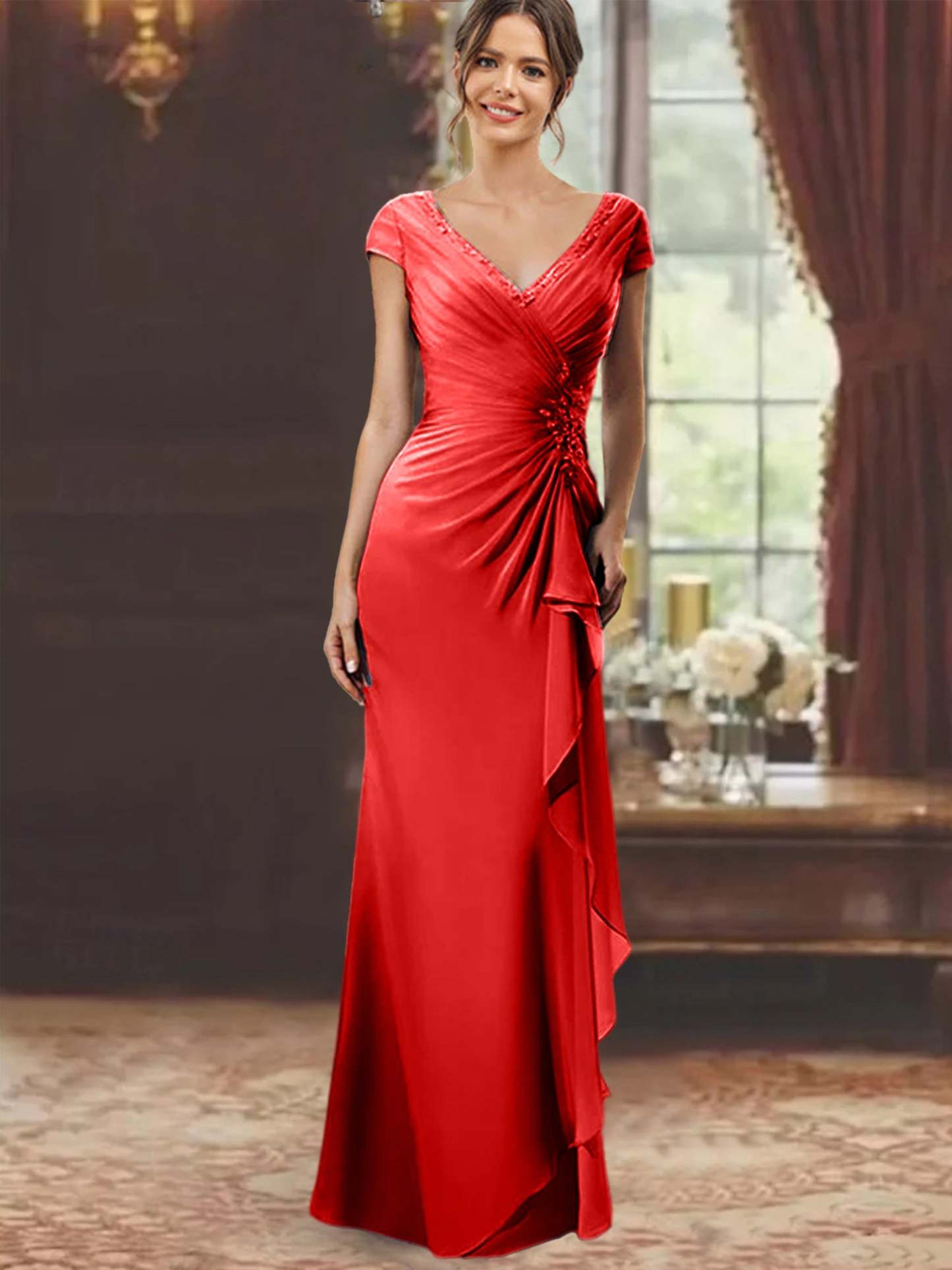 V-Neck Short-Sleeve Floor-Length Sheath Dress for the Mother of the Bride with Ruffles and Appliques-BMbridal
