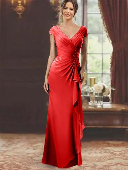 V-Neck Short-Sleeve Floor-Length Sheath Dress for the Mother of the Bride with Ruffles and Appliques-BMbridal