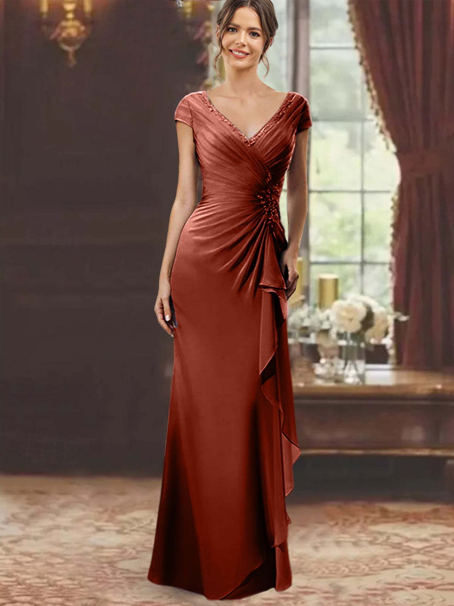 V-Neck Short-Sleeve Floor-Length Sheath Dress for the Mother of the Bride with Ruffles and Appliques-BMbridal