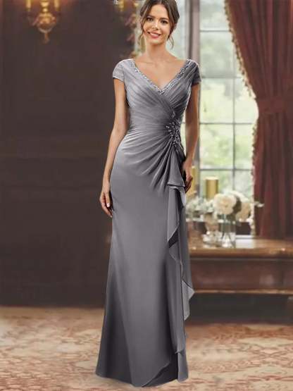 V-Neck Short-Sleeve Floor-Length Sheath Dress for the Mother of the Bride with Ruffles and Appliques-BMbridal
