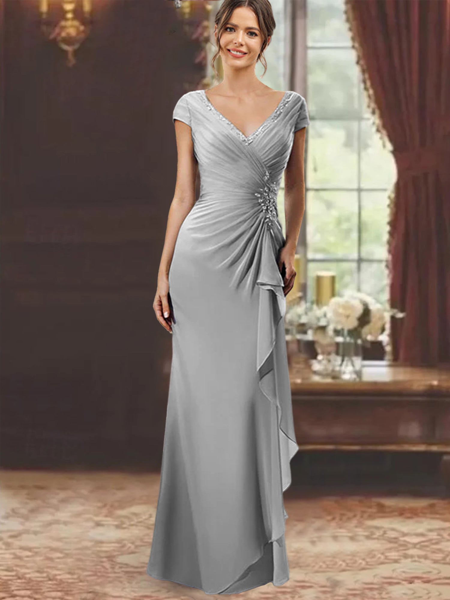 V-Neck Short-Sleeve Floor-Length Sheath Dress for the Mother of the Bride with Ruffles and Appliques-BMbridal