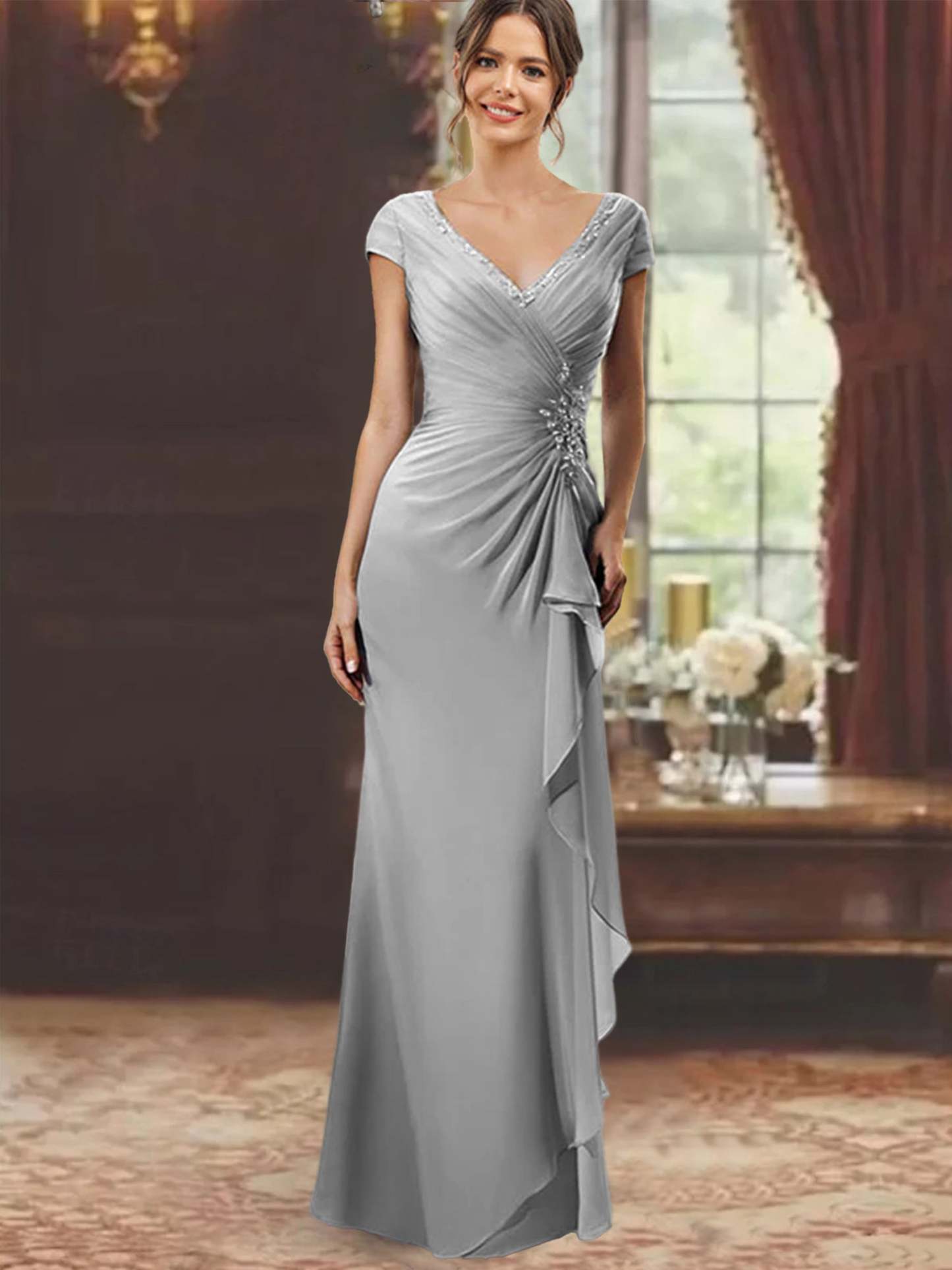 V-Neck Short-Sleeve Floor-Length Sheath Dress for the Mother of the Bride with Ruffles and Appliques-BMbridal