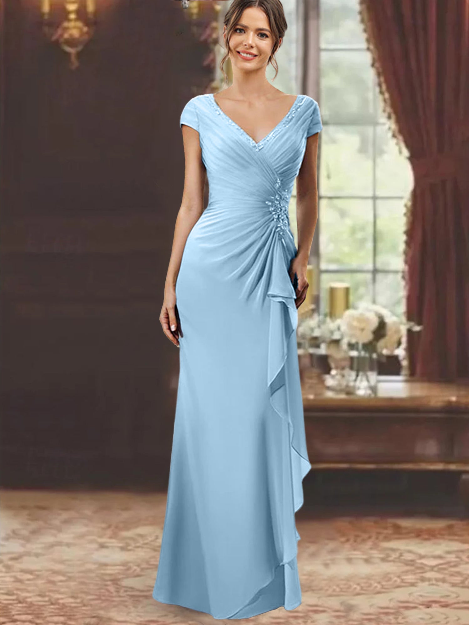 V-Neck Short-Sleeve Floor-Length Sheath Dress for the Mother of the Bride with Ruffles and Appliques-BMbridal