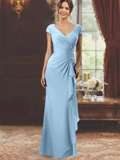 V-Neck Short-Sleeve Floor-Length Sheath Dress for the Mother of the Bride with Ruffles and Appliques-BMbridal