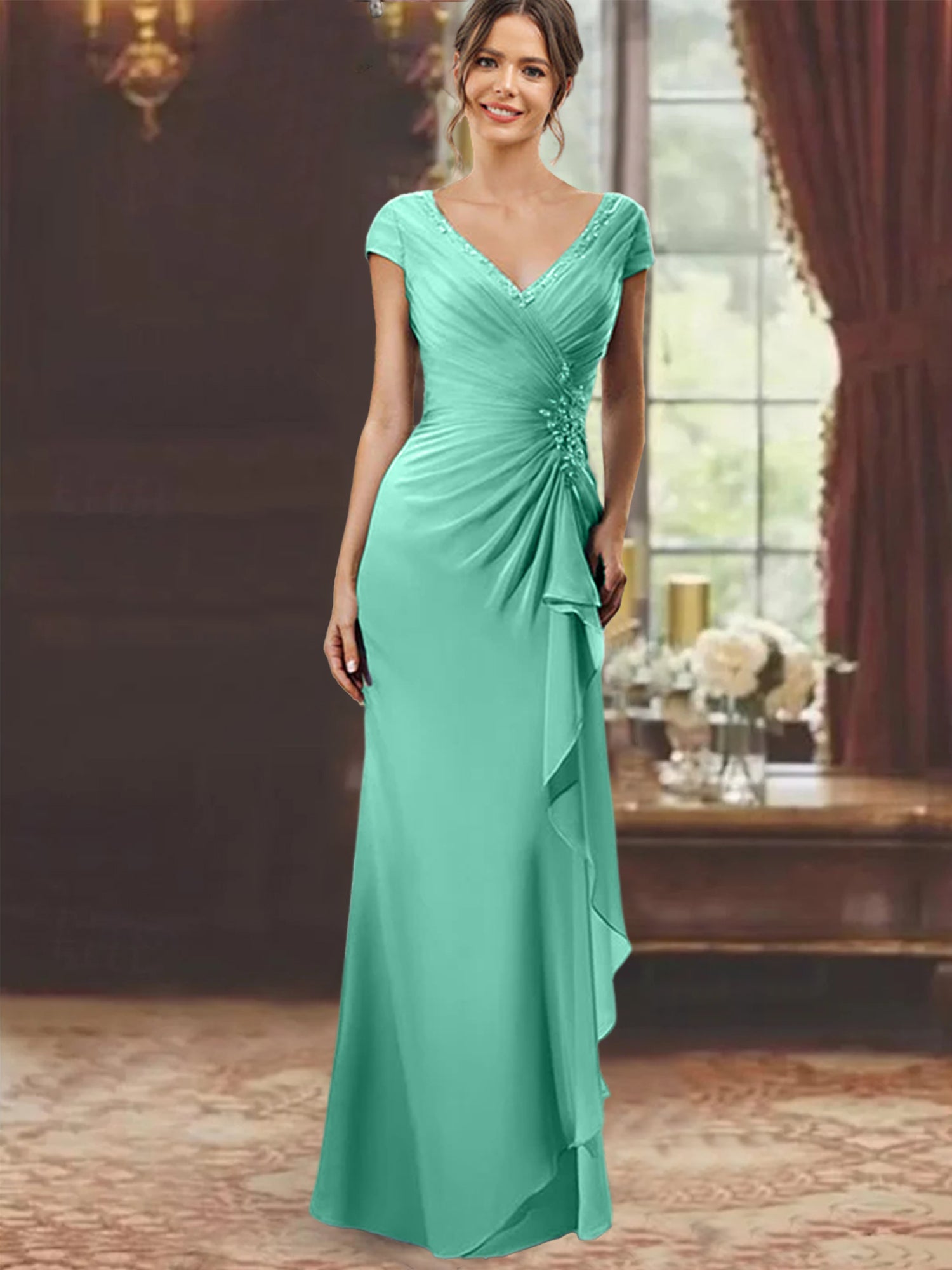 V-Neck Short-Sleeve Floor-Length Sheath Dress for the Mother of the Bride with Ruffles and Appliques-BMbridal