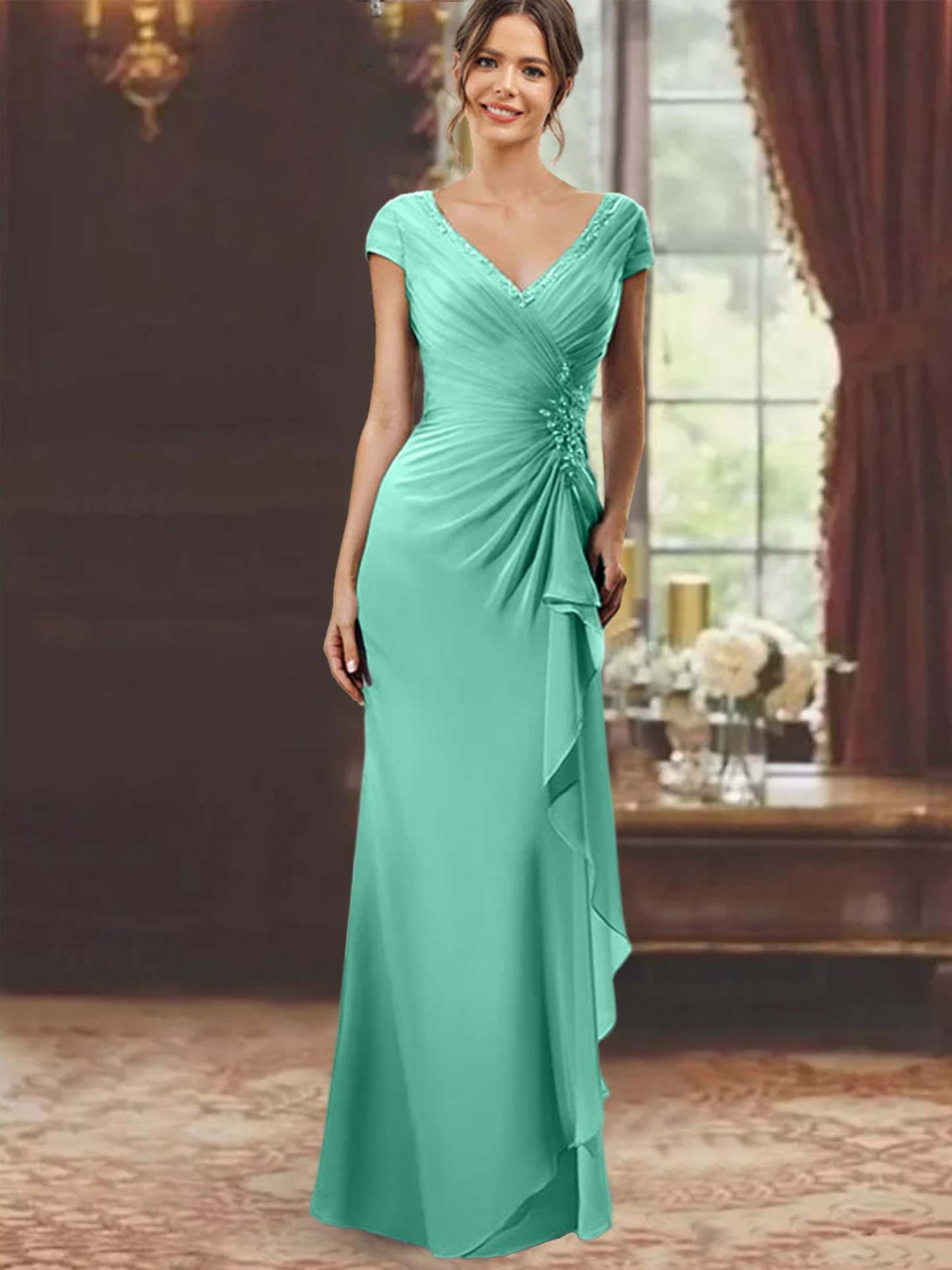 V-Neck Short-Sleeve Floor-Length Sheath Dress for the Mother of the Bride with Ruffles and Appliques-BMbridal