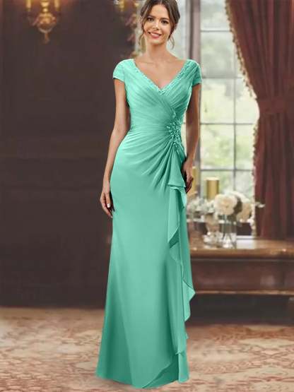 V-Neck Short-Sleeve Floor-Length Sheath Dress for the Mother of the Bride with Ruffles and Appliques-BMbridal