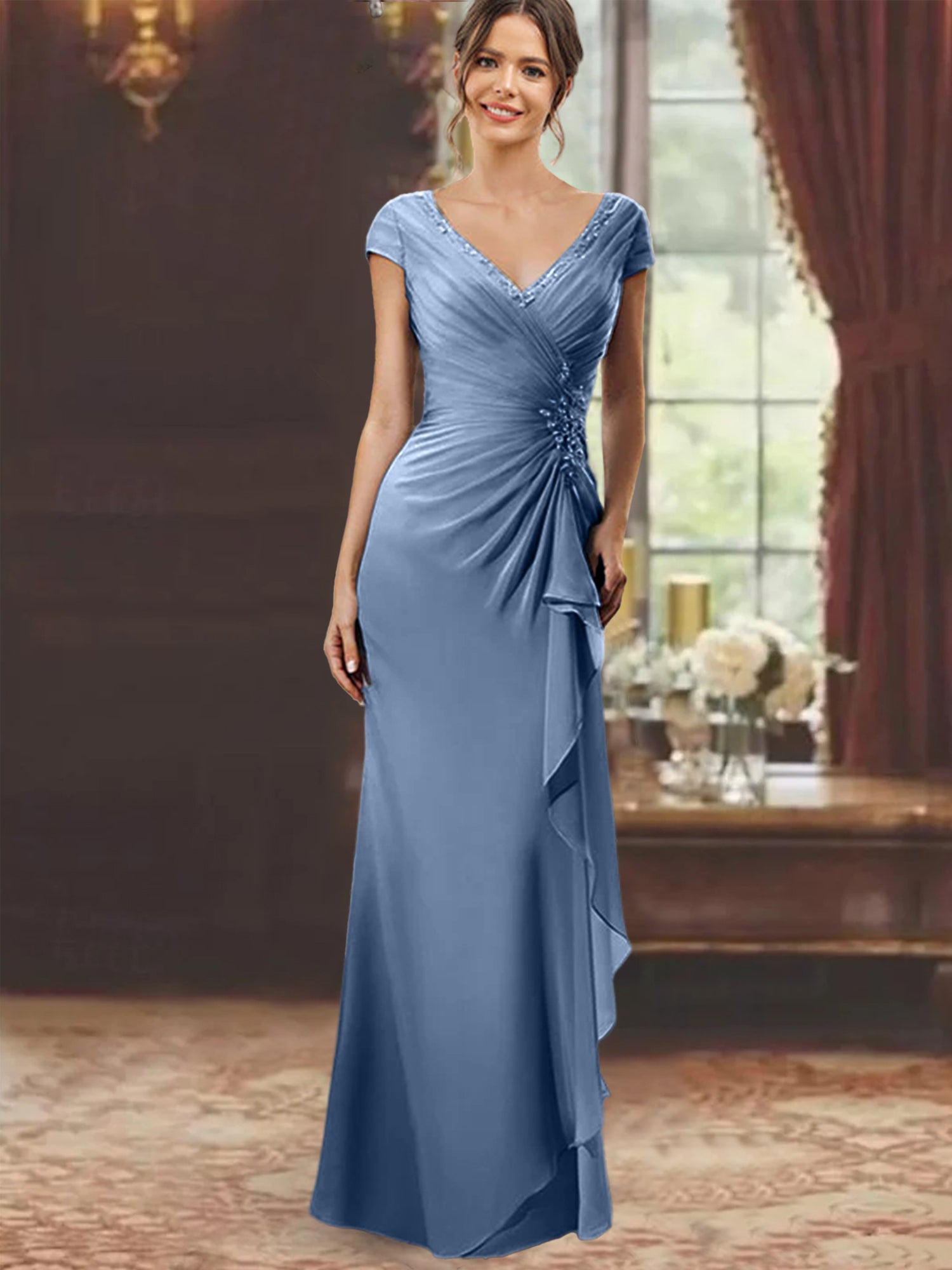 V-Neck Short-Sleeve Floor-Length Sheath Dress for the Mother of the Bride with Ruffles and Appliques-BMbridal