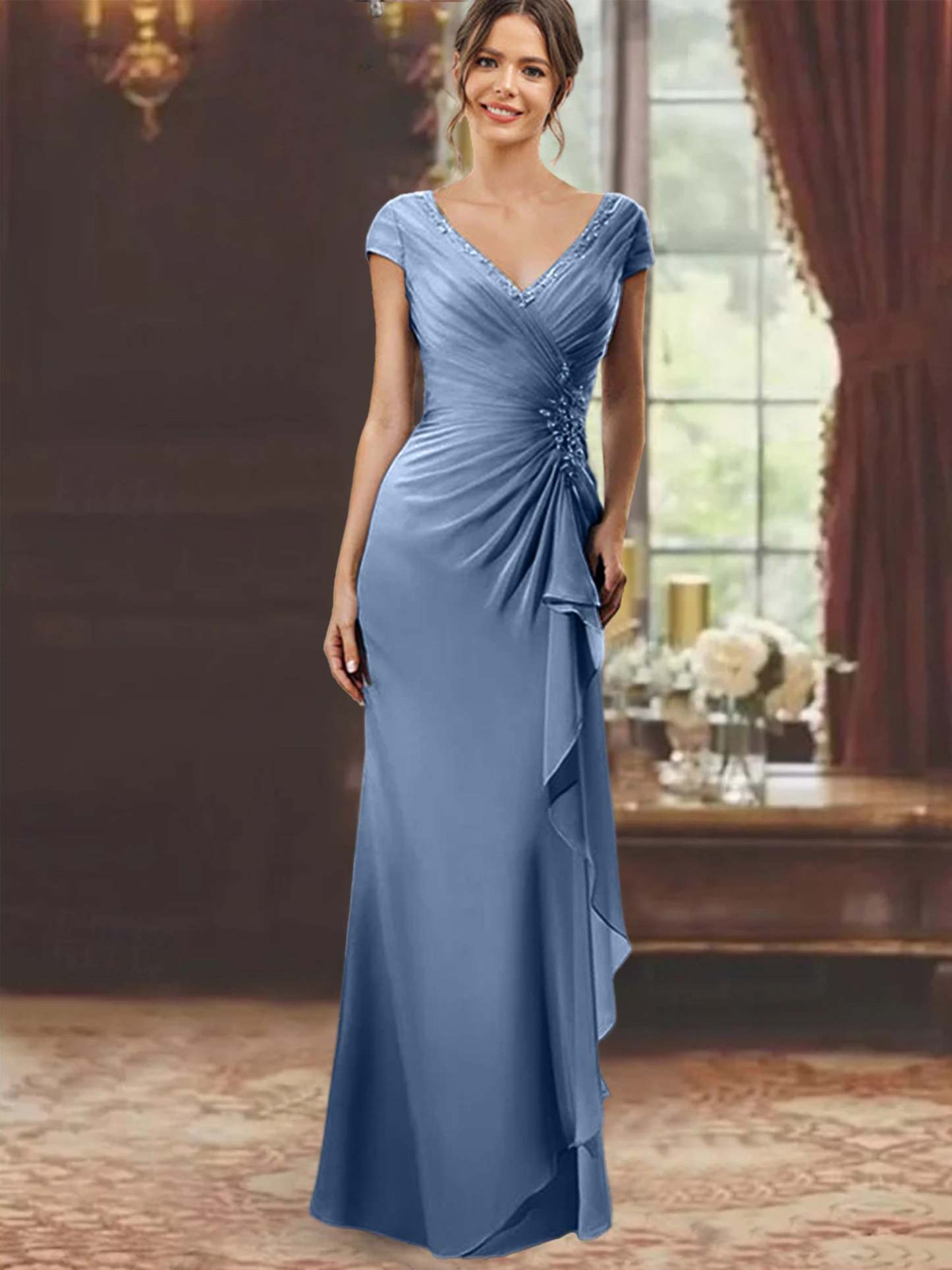 V-Neck Short-Sleeve Floor-Length Sheath Dress for the Mother of the Bride with Ruffles and Appliques-BMbridal