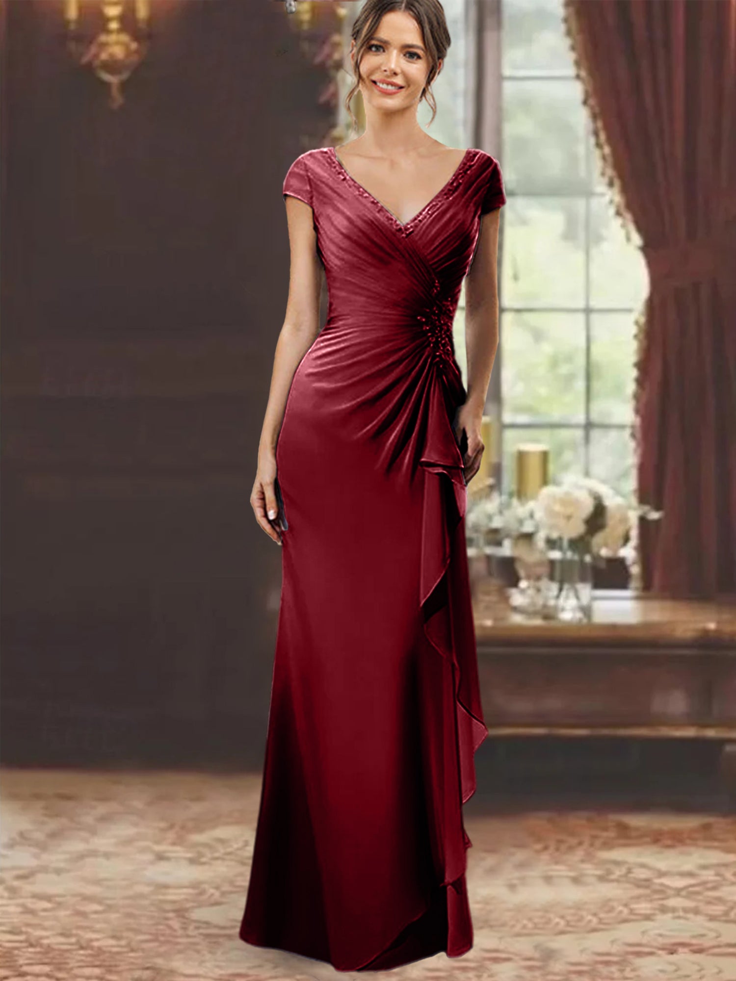 V-Neck Short-Sleeve Floor-Length Sheath Dress for the Mother of the Bride with Ruffles and Appliques-BMbridal