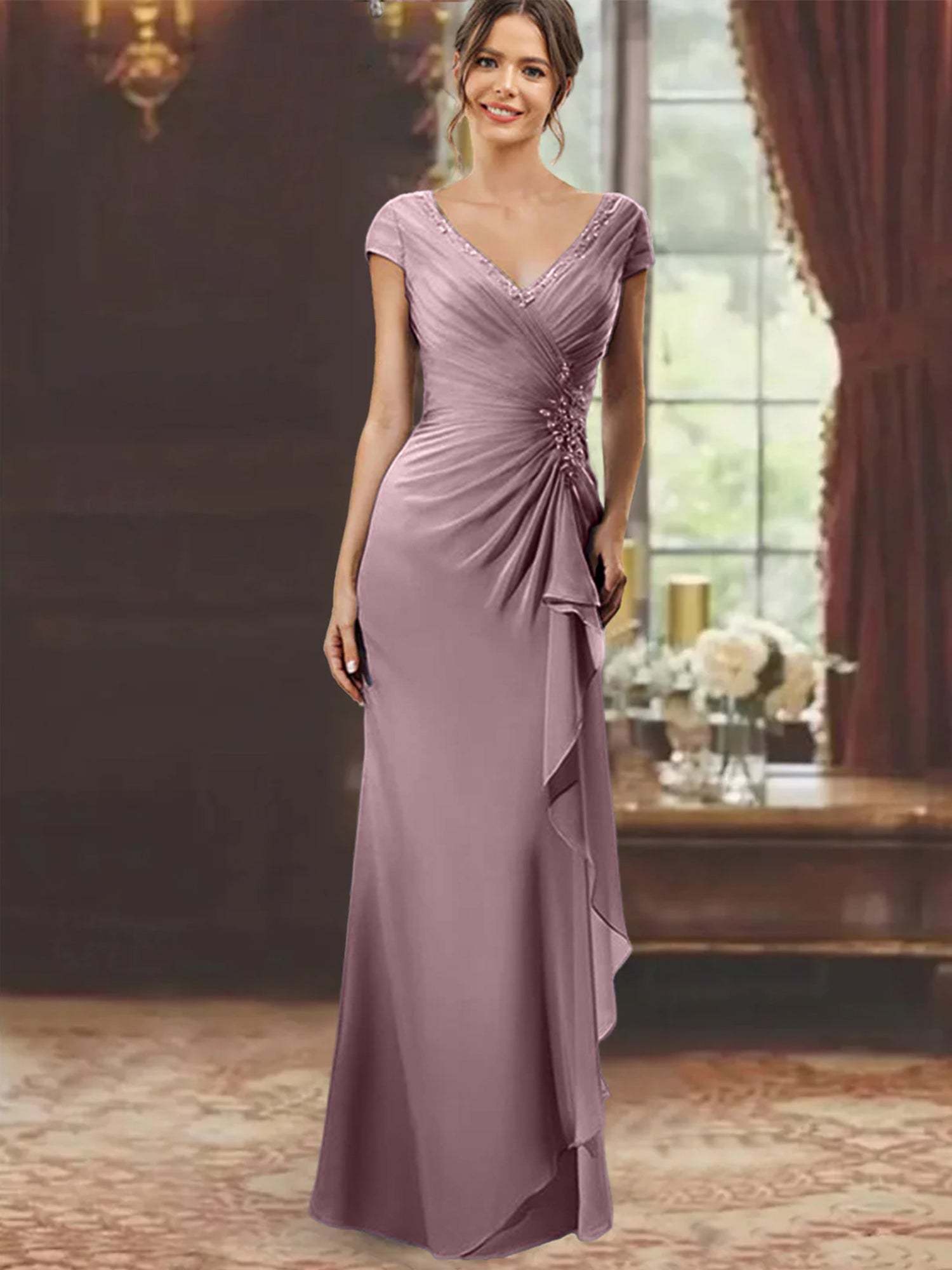 V-Neck Short-Sleeve Floor-Length Sheath Dress for the Mother of the Bride with Ruffles and Appliques-BMbridal