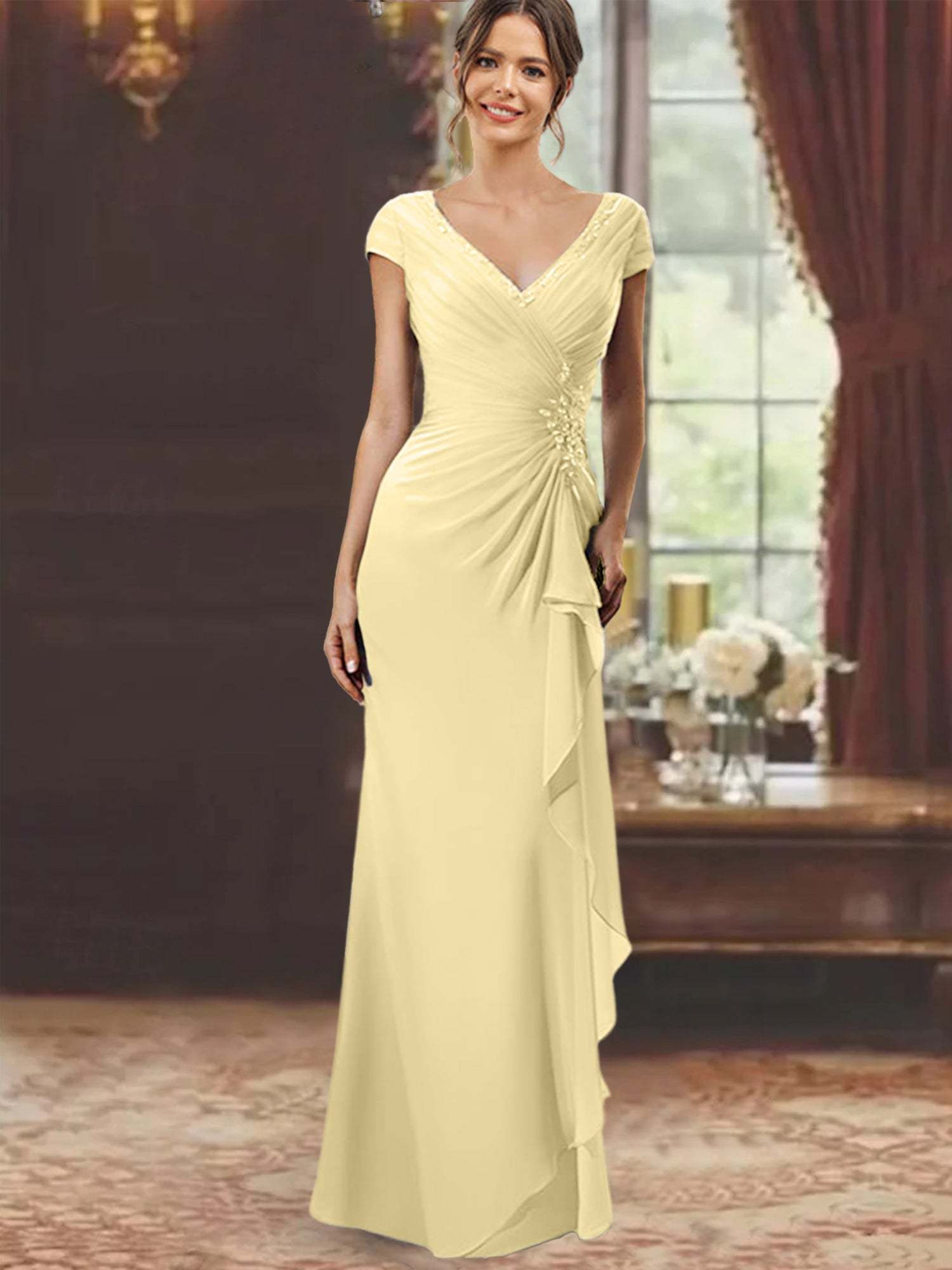 V-Neck Short-Sleeve Floor-Length Sheath Dress for the Mother of the Bride with Ruffles and Appliques-BMbridal