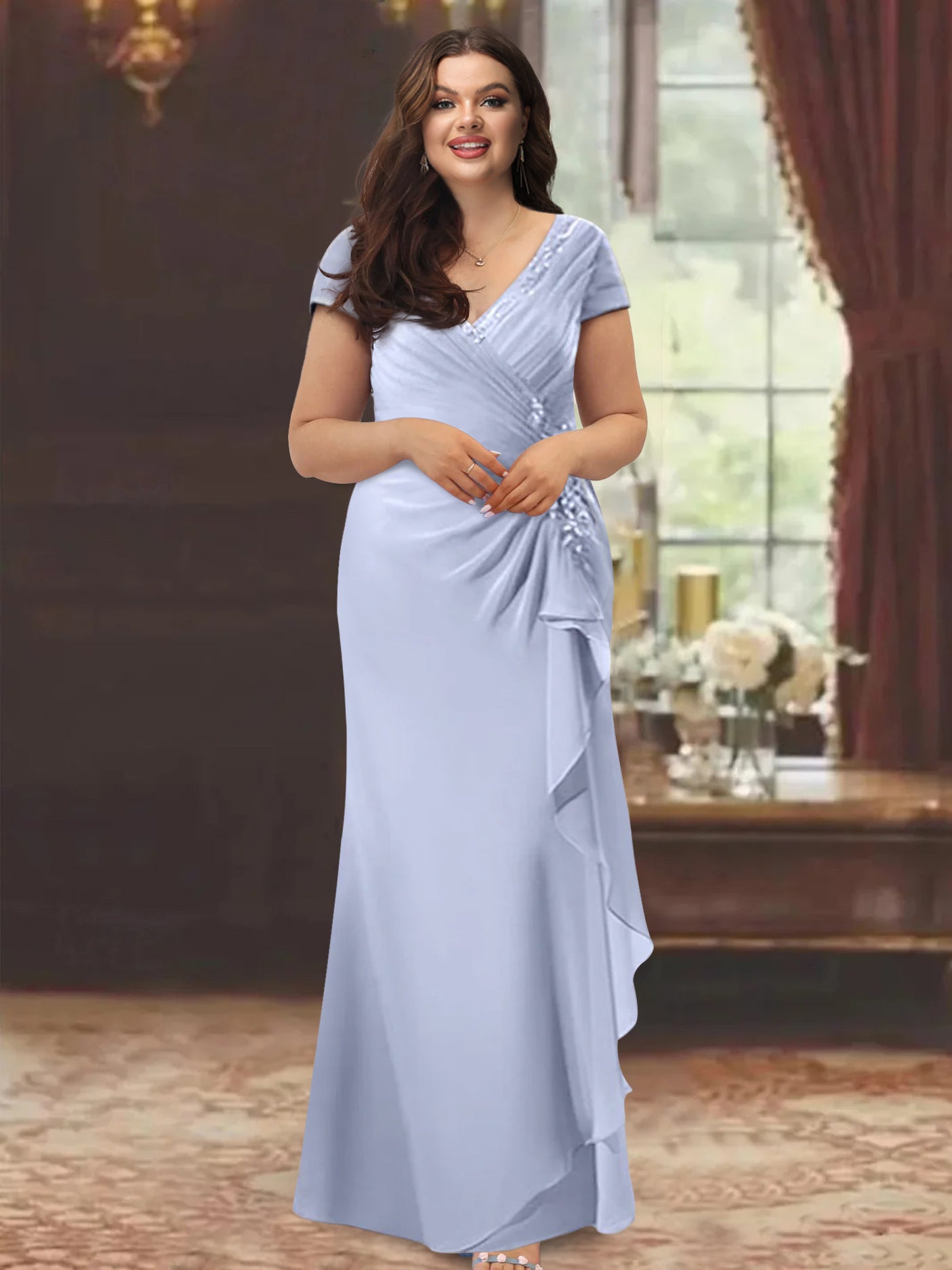 V-Neck Short-Sleeve Floor-Length Sheath Dress for the Mother of the Bride with Ruffles and Appliques-BMbridal
