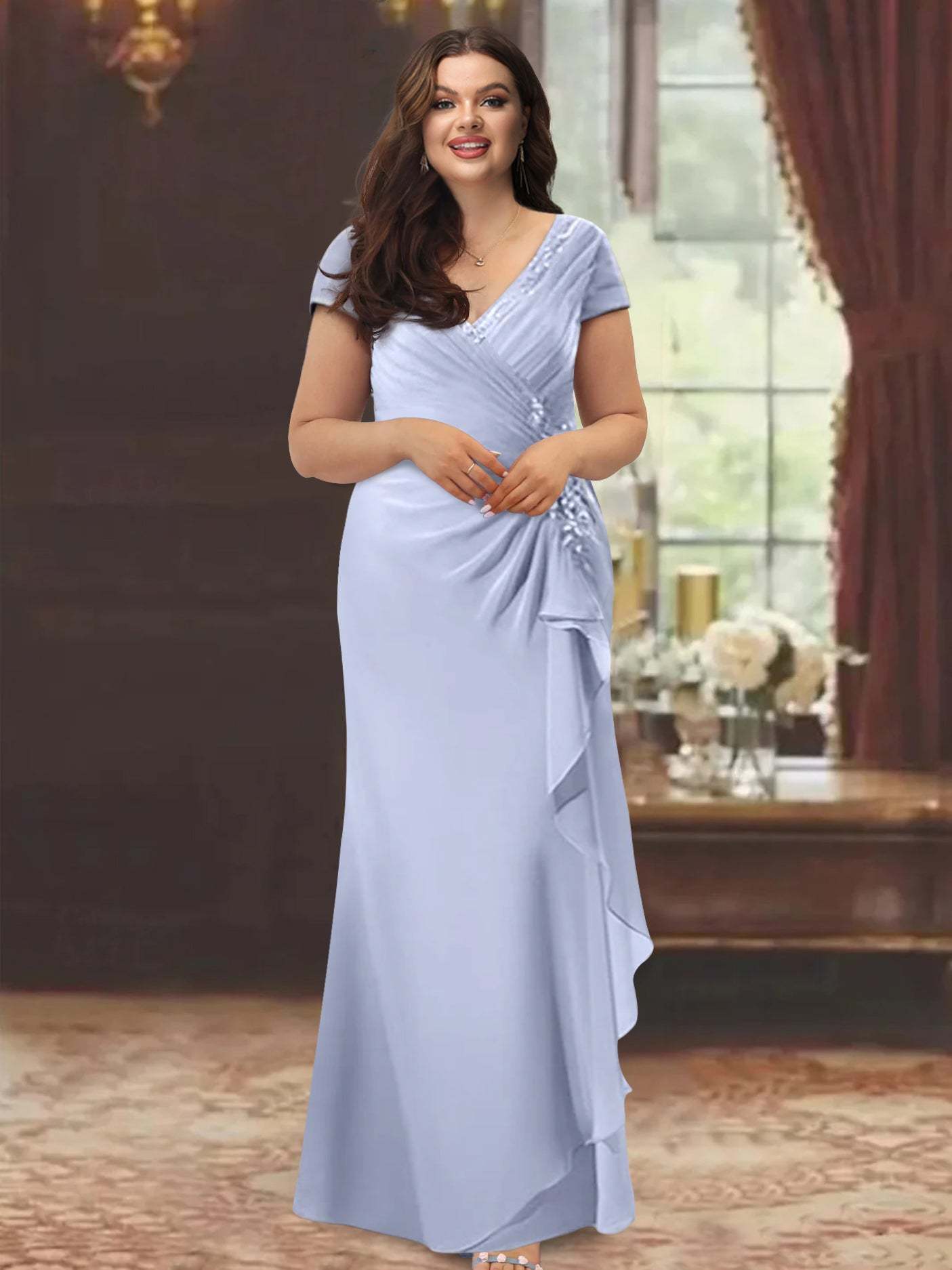 V-Neck Short-Sleeve Floor-Length Sheath Dress for the Mother of the Bride with Ruffles and Appliques-BMbridal
