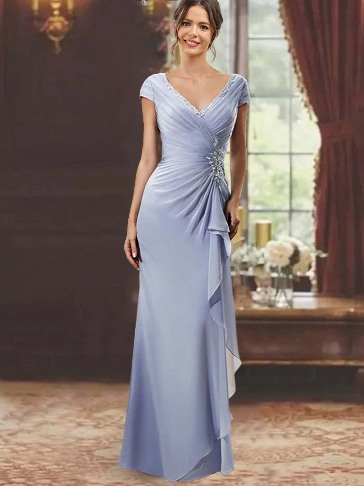 V-Neck Short-Sleeve Floor-Length Sheath Dress for the Mother of the Bride with Ruffles and Appliques-BMbridal