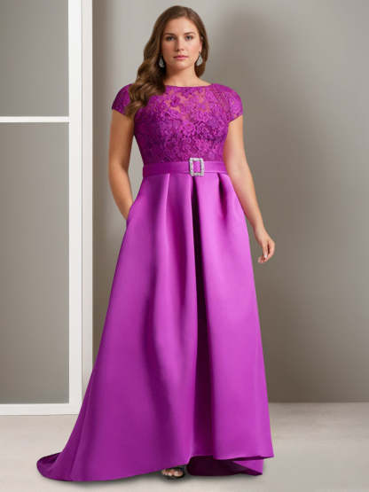 Asymmetrical A-Line Mother of the Bride Dress with Scoop Neck and Short Sleeves-BMbridal