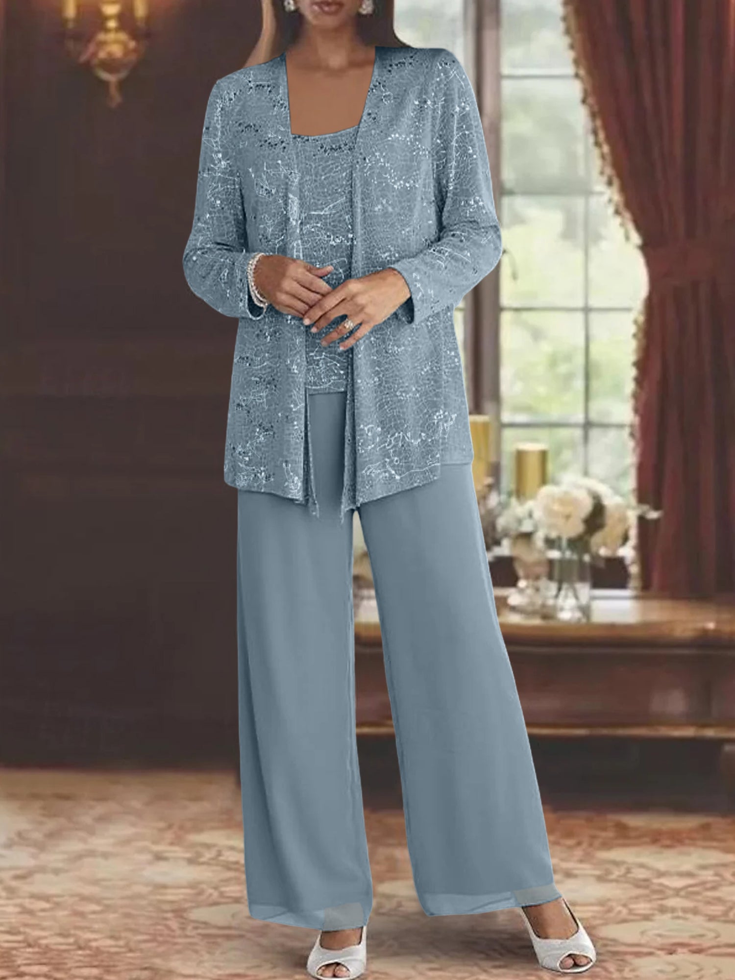 Sequined Chiffon Pantsuits for the Mother of the Bride with Jacket-BMbridal